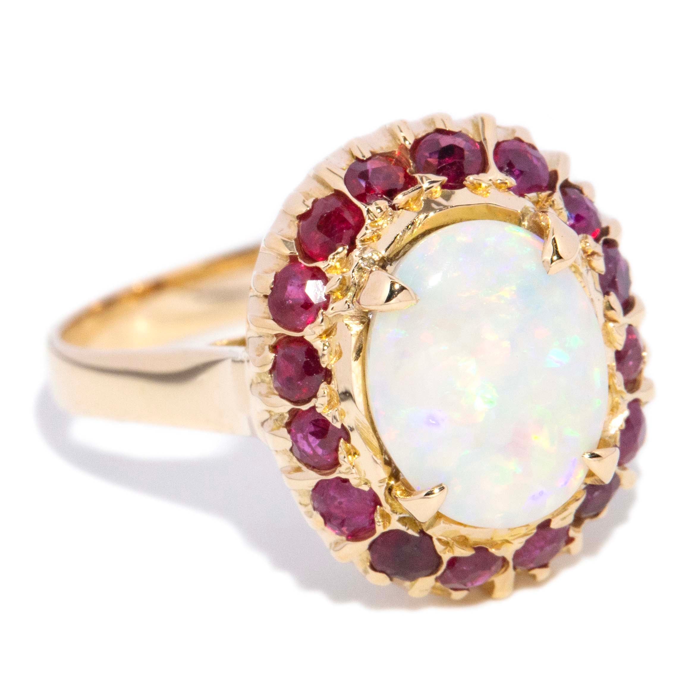 Deirdre 1980s Crystal Opal Garnet Halo Ring 10K Yellow Gold Rings Anthology Jewellers 