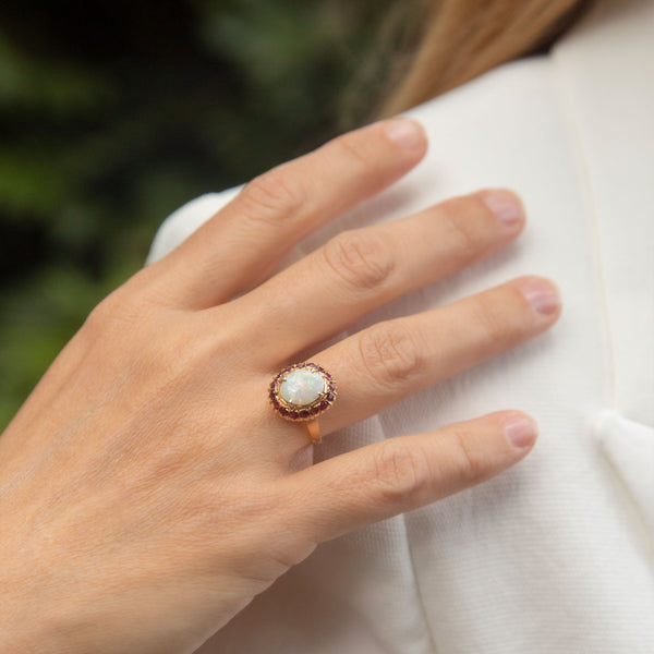Deirdre 1980s Crystal Opal Garnet Halo Ring 10K Yellow Gold Rings Anthology Jewellers 