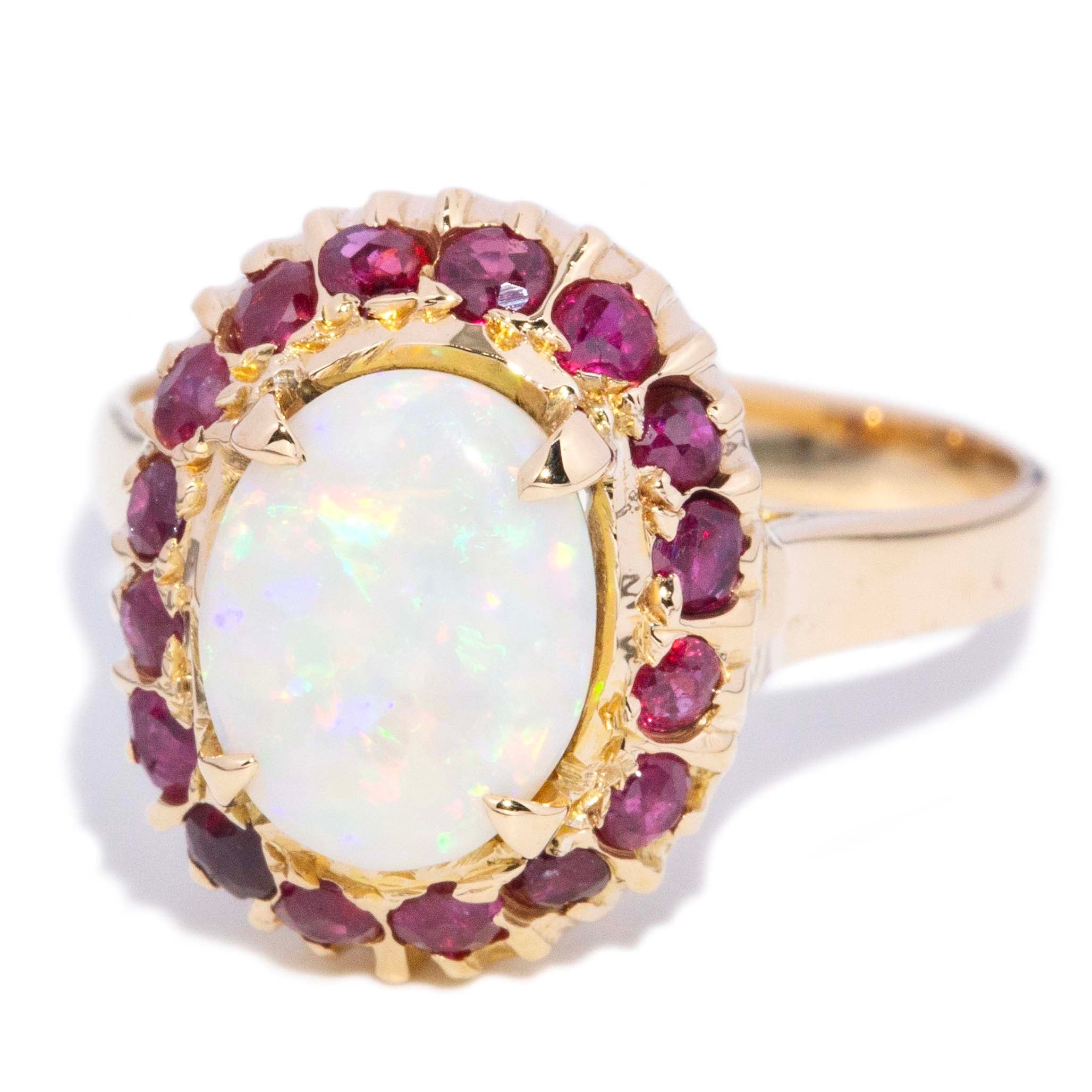 Deirdre 1980s Crystal Opal Garnet Halo Ring 10K Yellow Gold Rings Anthology Jewellers 