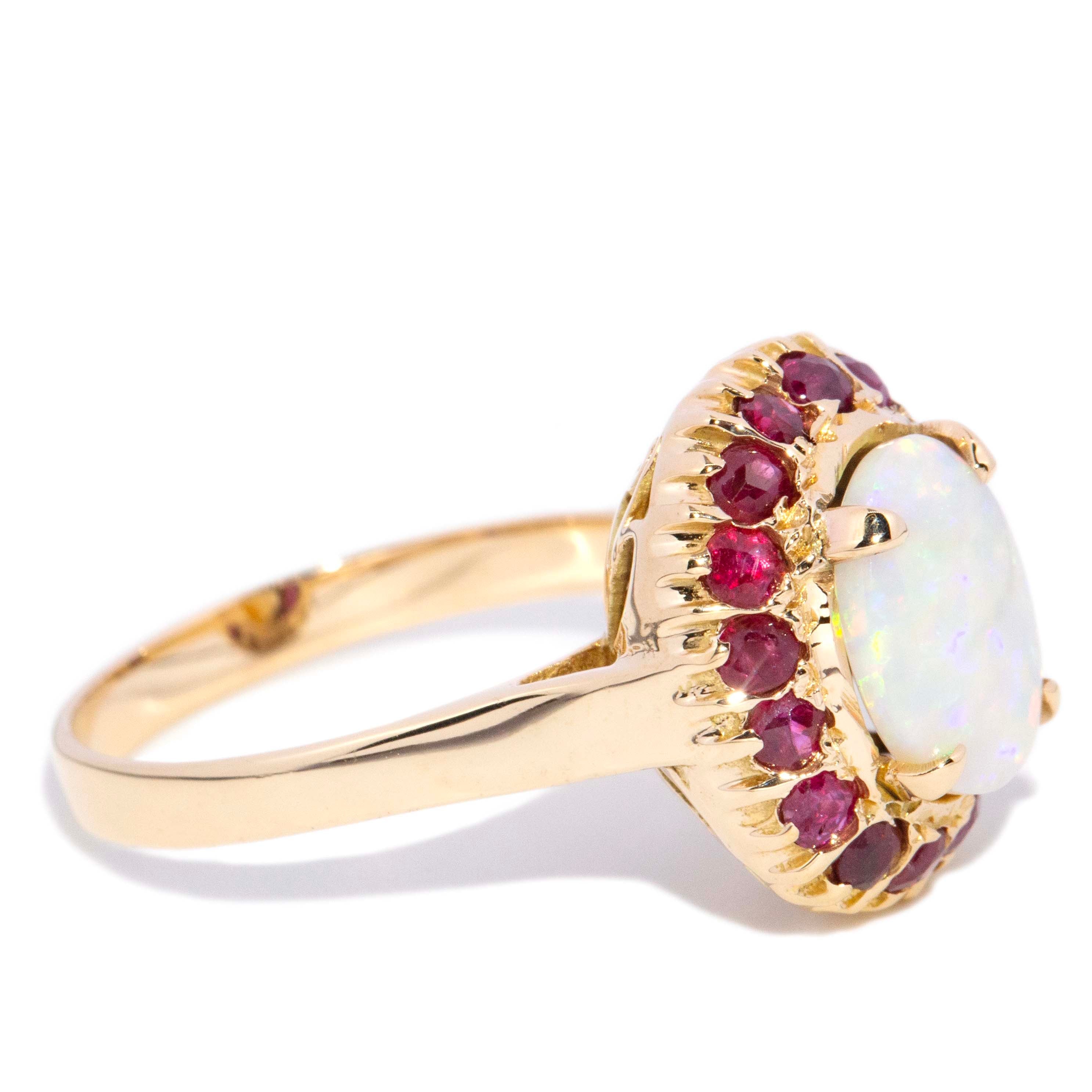 Deirdre 1980s Crystal Opal Garnet Halo Ring 10K Yellow Gold Rings Anthology Jewellers 