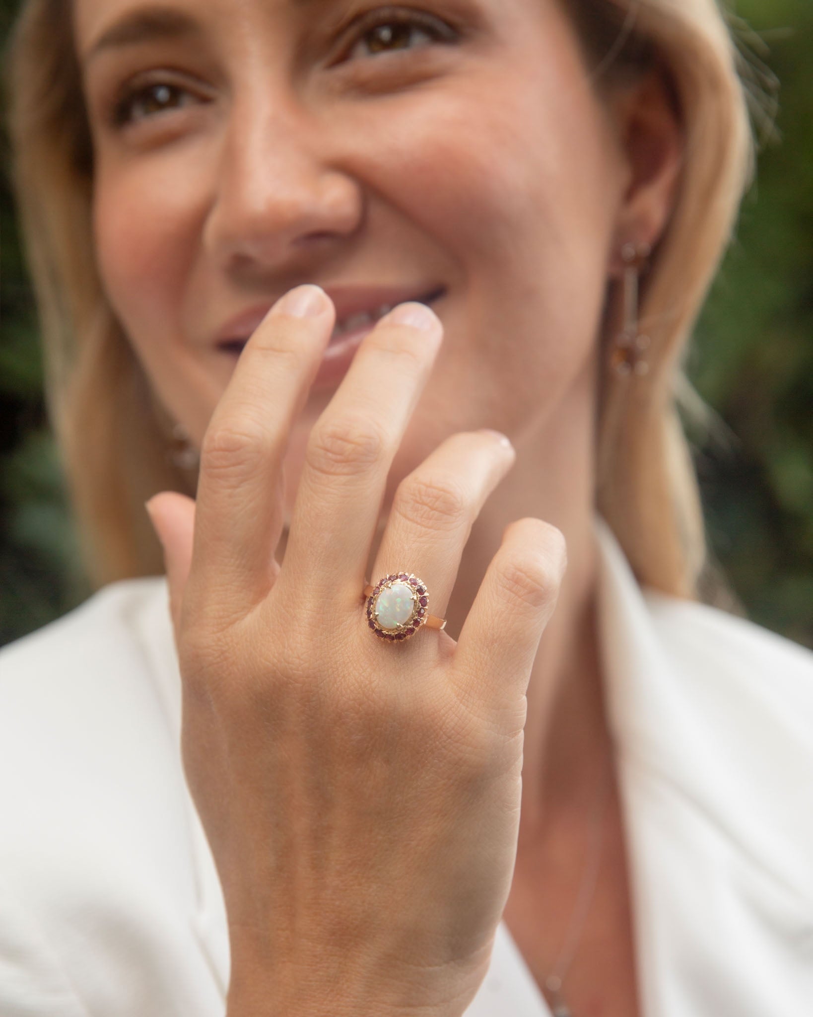 Deirdre 1980s Crystal Opal Garnet Halo Ring 10K Yellow Gold Rings Anthology Jewellers 
