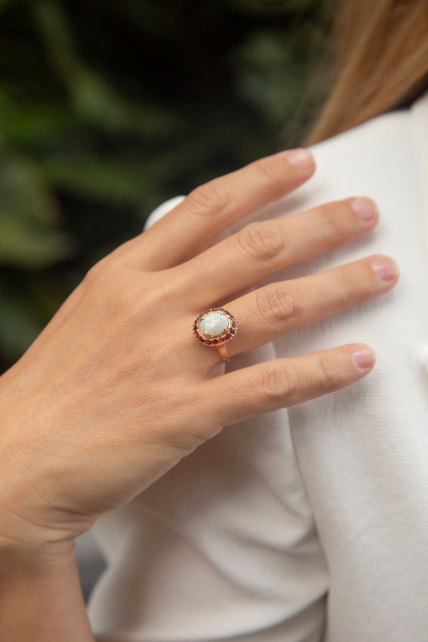 Deirdre 1980s Crystal Opal Garnet Halo Ring 10K Yellow Gold Rings Anthology Jewellers 