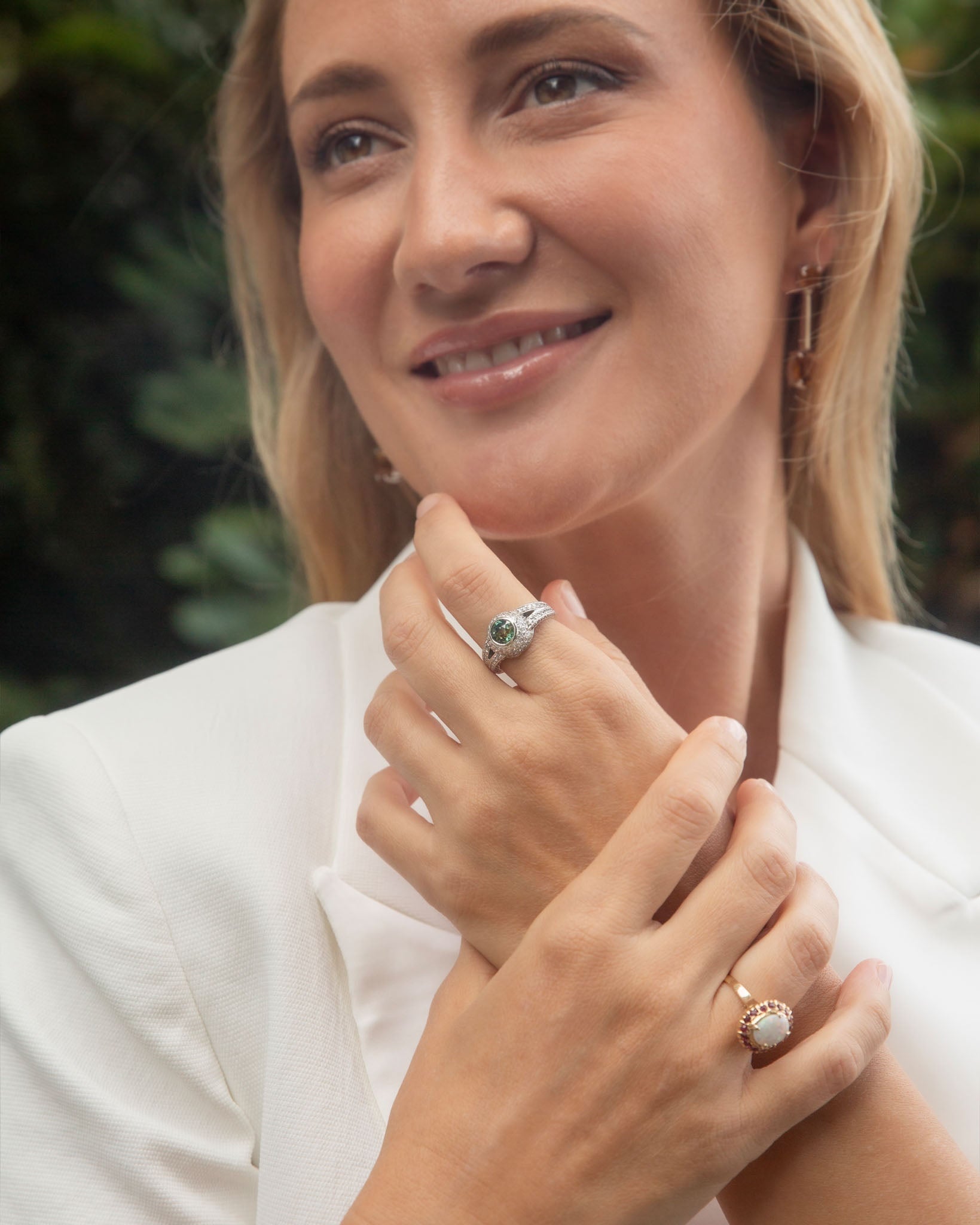 Deirdre 1980s Crystal Opal Garnet Halo Ring 10K Yellow Gold Rings Anthology Jewellers 
