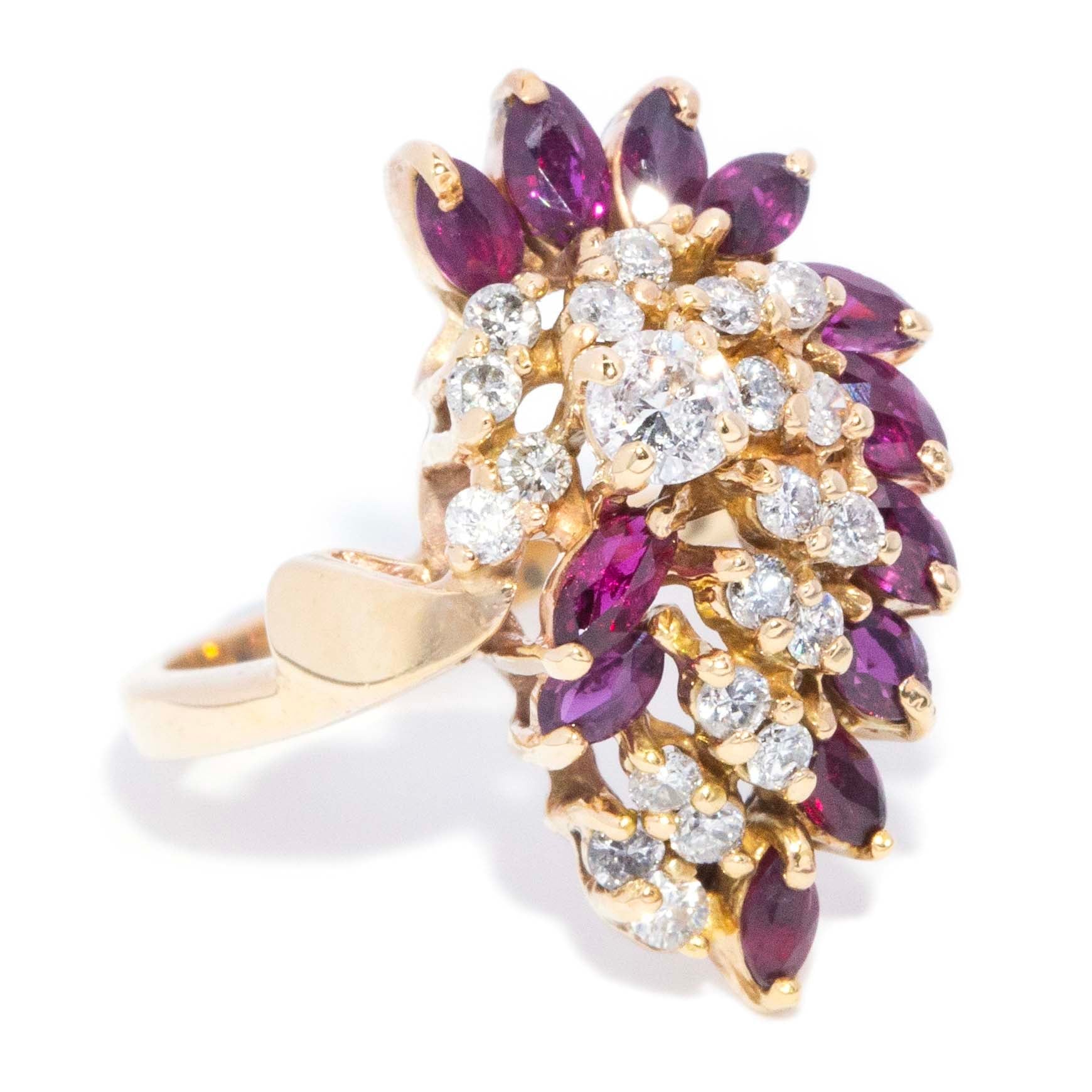 Delphine Ruby & Diamond Plume Cluster Ring 14K Yellow Gold Rings Imperial Jewellery 