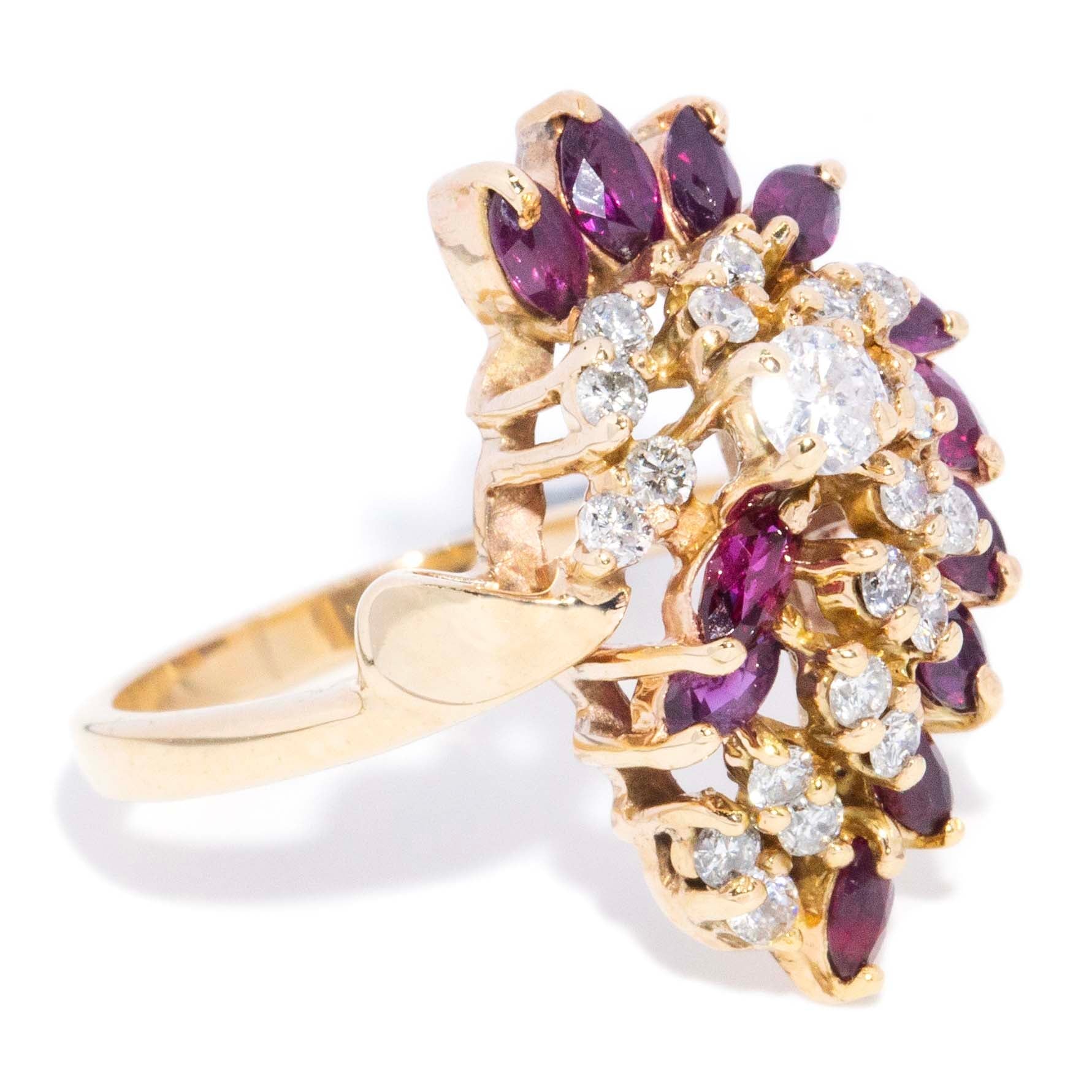 Delphine Ruby & Diamond Plume Cluster Ring 14K Yellow Gold Rings Imperial Jewellery 