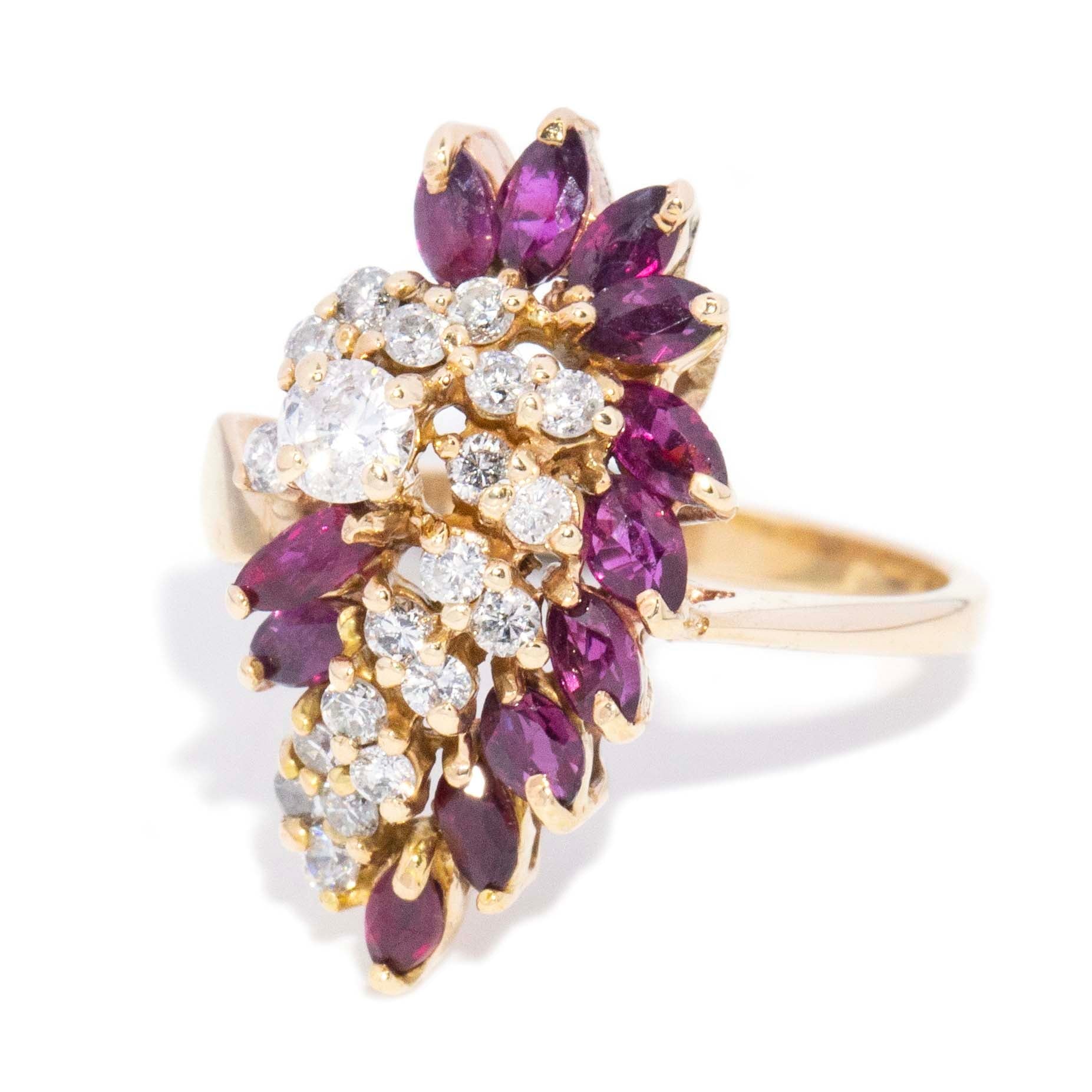 Delphine Ruby & Diamond Plume Cluster Ring 14K Yellow Gold Rings Imperial Jewellery 