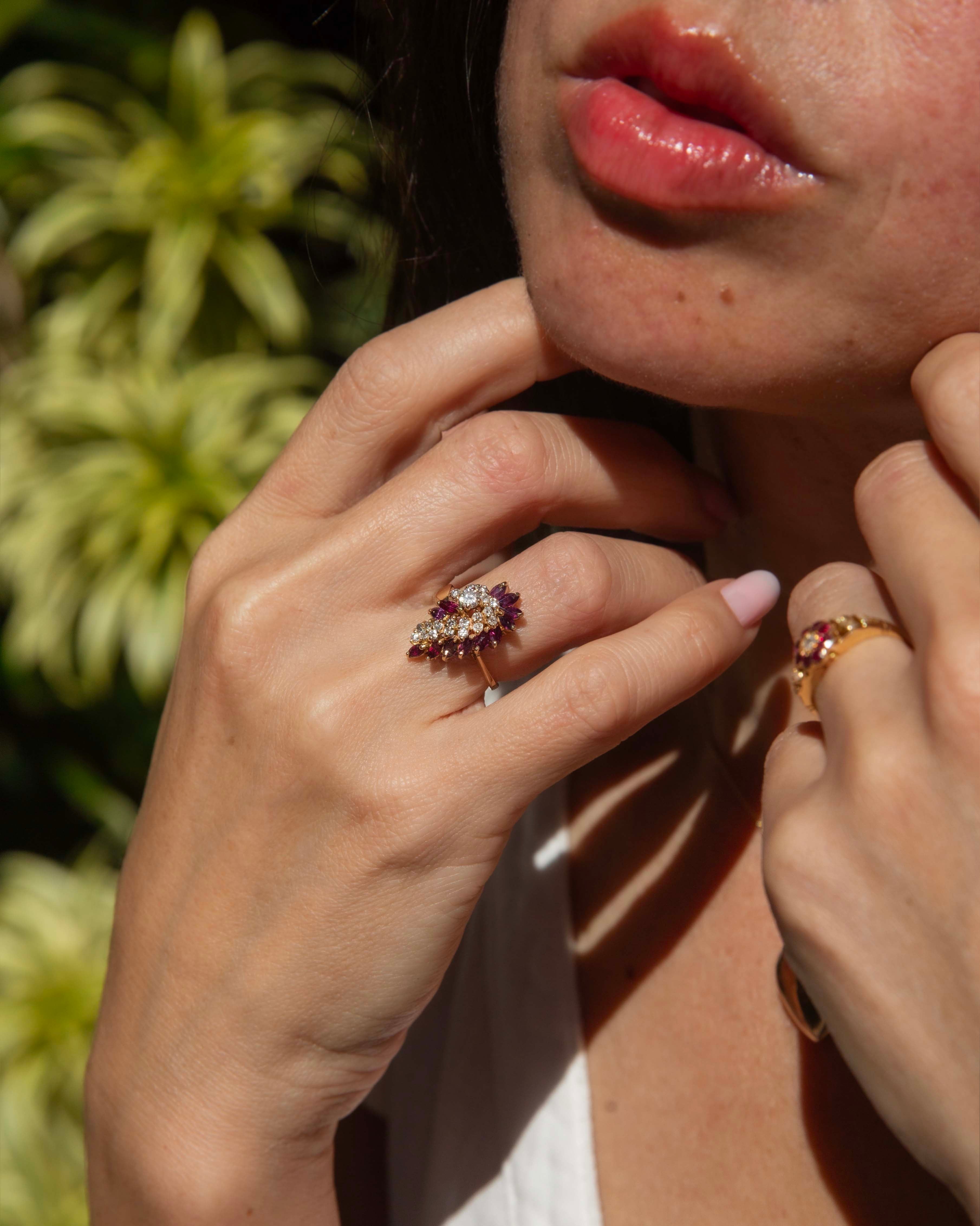 Delphine Ruby & Diamond Plume Cluster Ring 14K Yellow Gold Rings Imperial Jewellery 