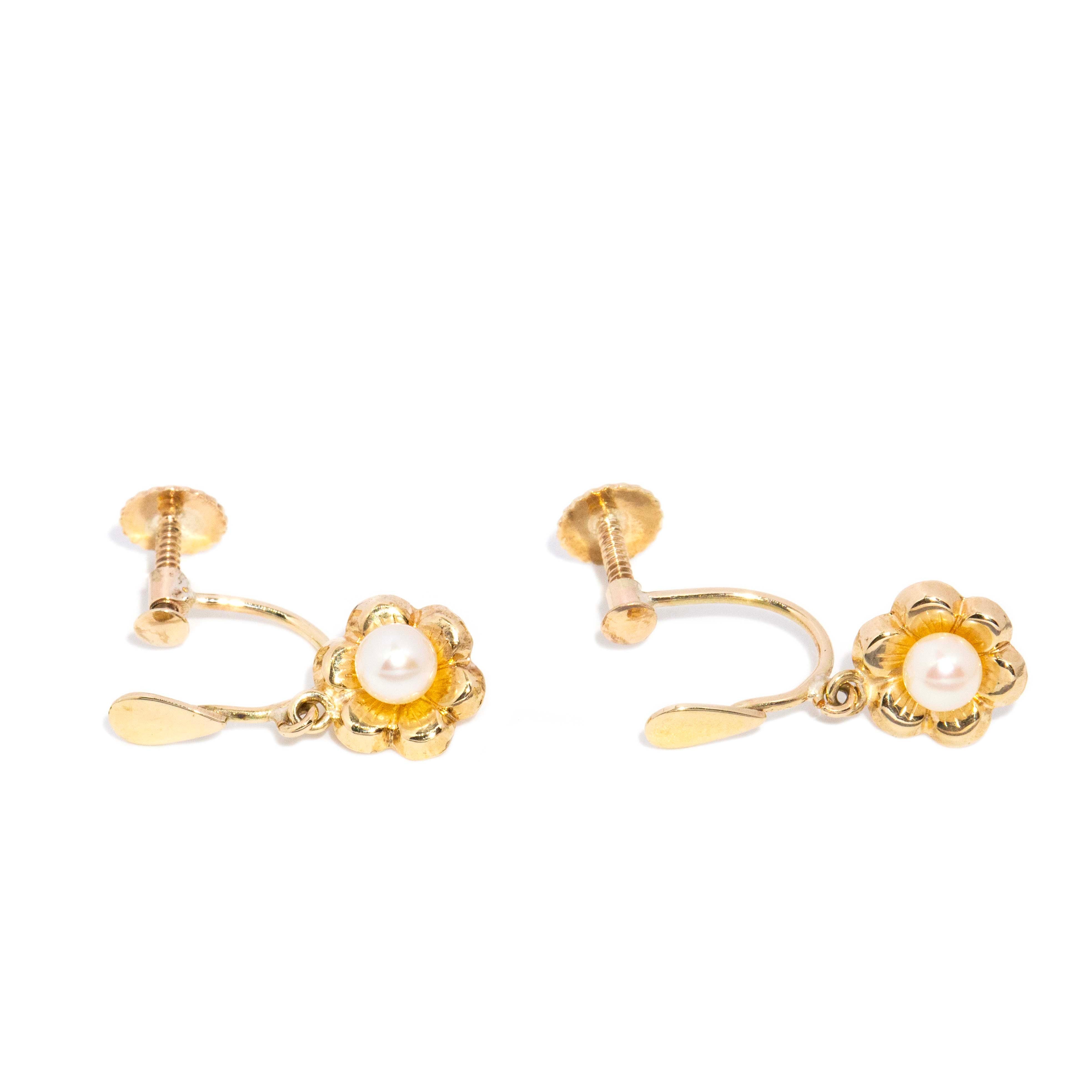 Denna Vintage Circa 1950s Akoya Pearl Openwork Flower Drop Earrings 9ct Yellow Gold Earrings Imperial Jewellery 