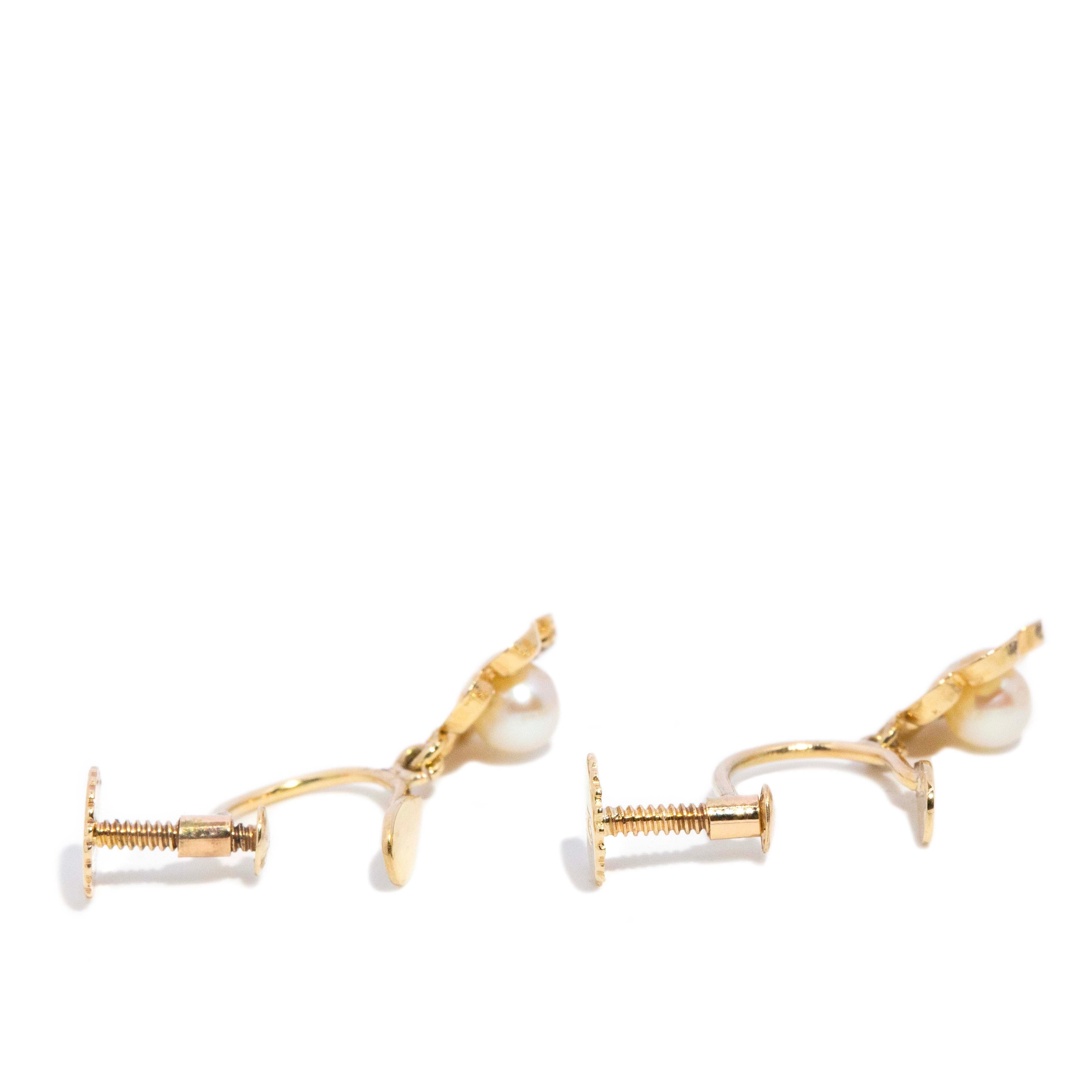 Denna Vintage Circa 1950s Akoya Pearl Openwork Flower Drop Earrings 9ct Yellow Gold Earrings Imperial Jewellery 
