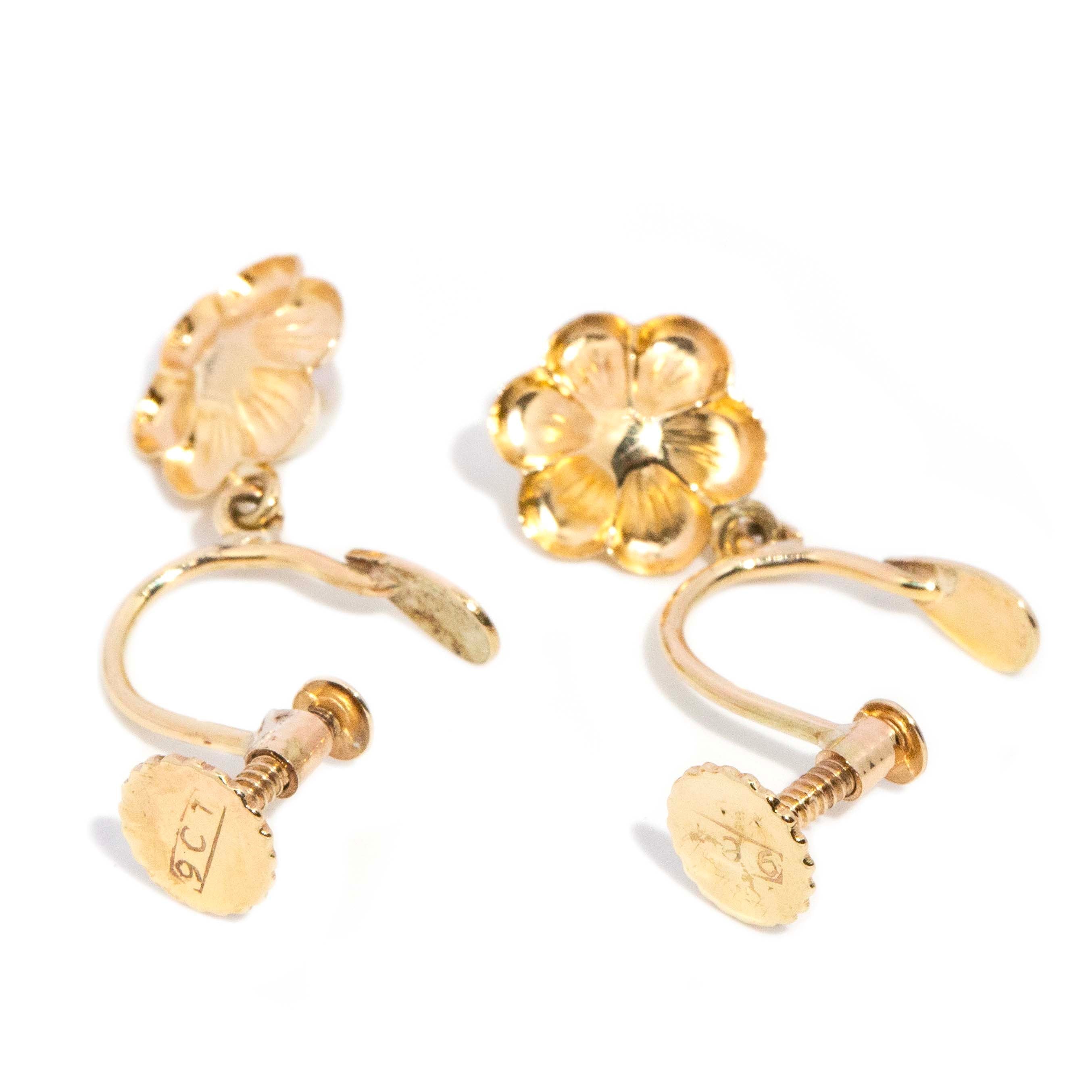 Denna Vintage Circa 1950s Akoya Pearl Openwork Flower Drop Earrings 9ct Yellow Gold Earrings Imperial Jewellery 