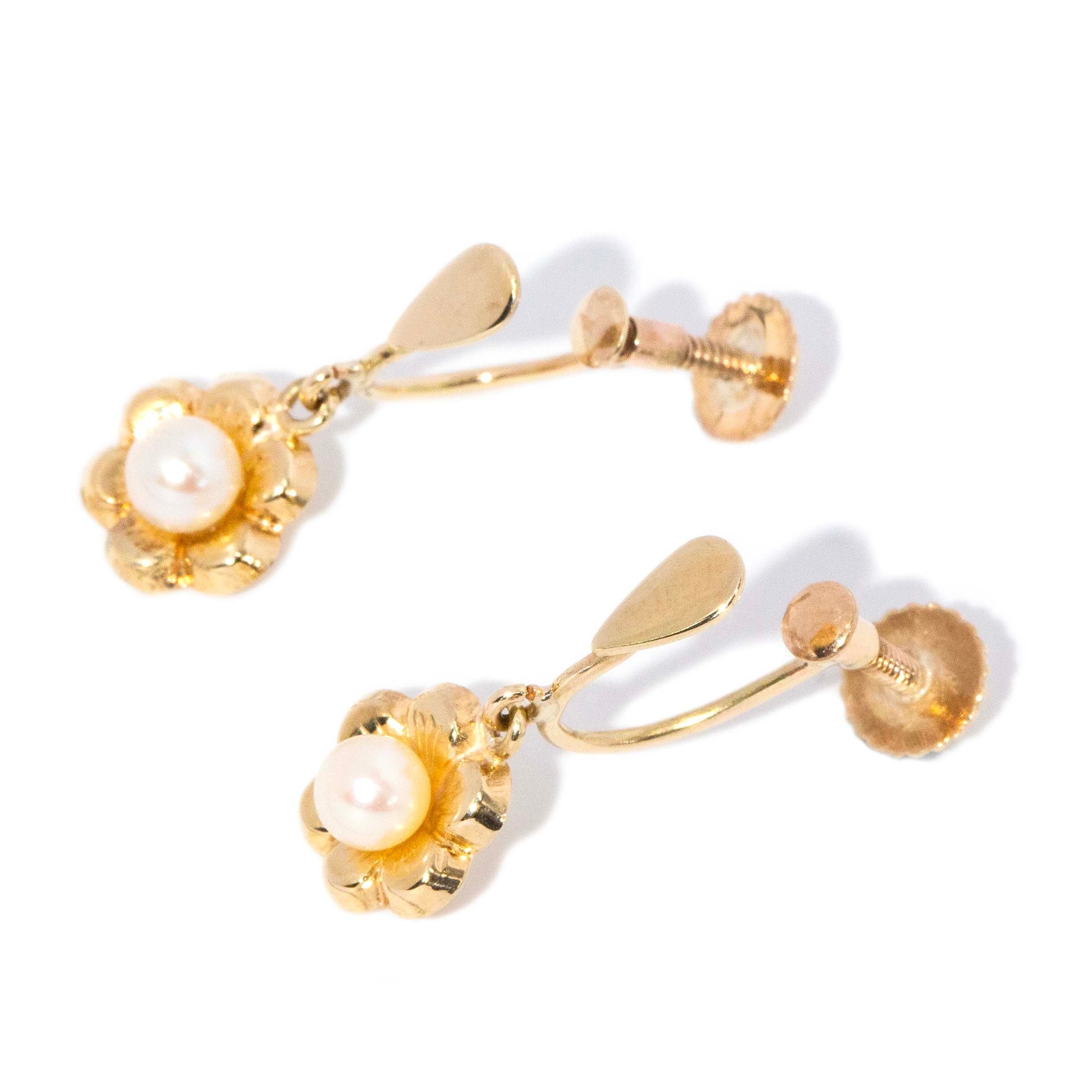 Denna Vintage Circa 1950s Akoya Pearl Openwork Flower Drop Earrings 9ct Yellow Gold Earrings Imperial Jewellery 