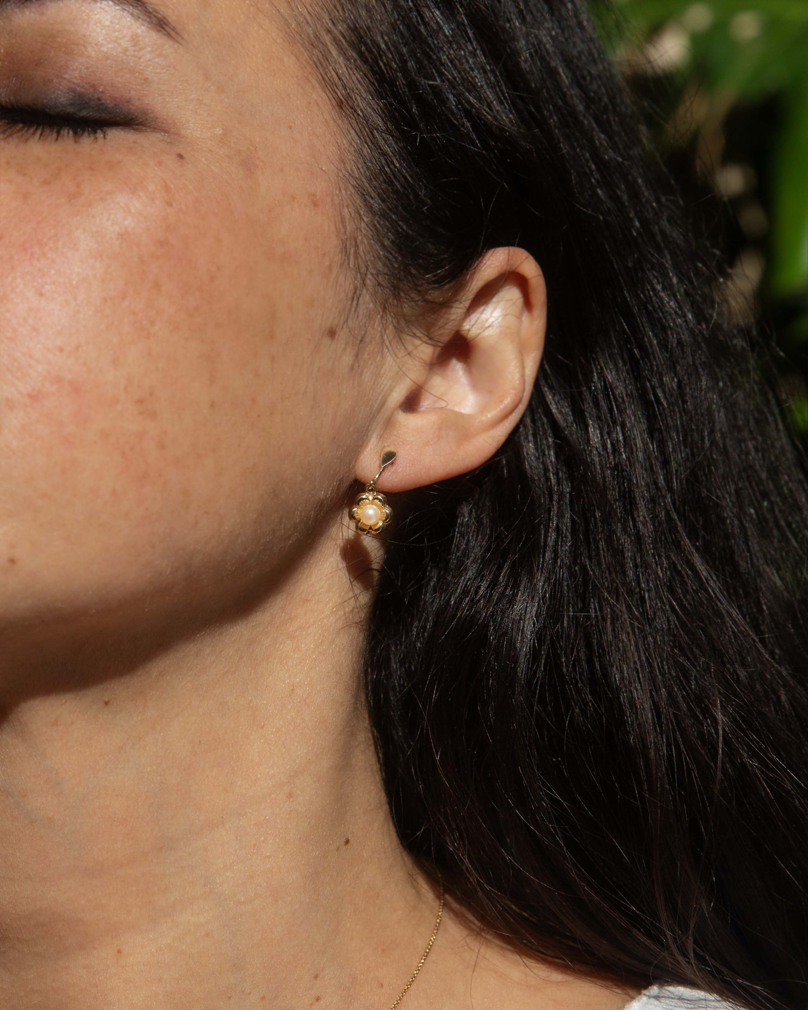 Denna Vintage Circa 1950s Akoya Pearl Openwork Flower Drop Earrings 9ct Yellow Gold Earrings Imperial Jewellery 