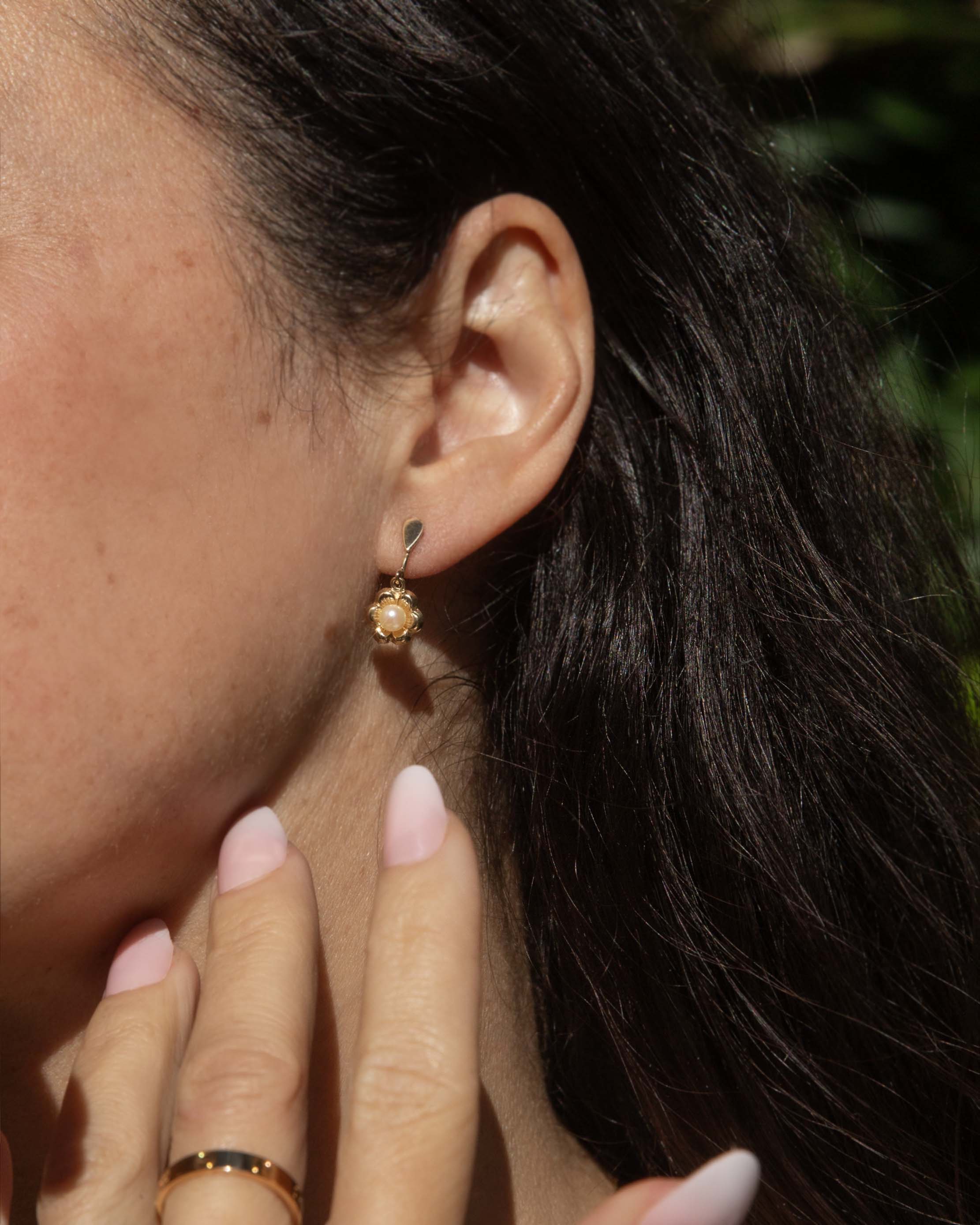 Denna Vintage Circa 1950s Akoya Pearl Openwork Flower Drop Earrings 9ct Yellow Gold Earrings Imperial Jewellery 