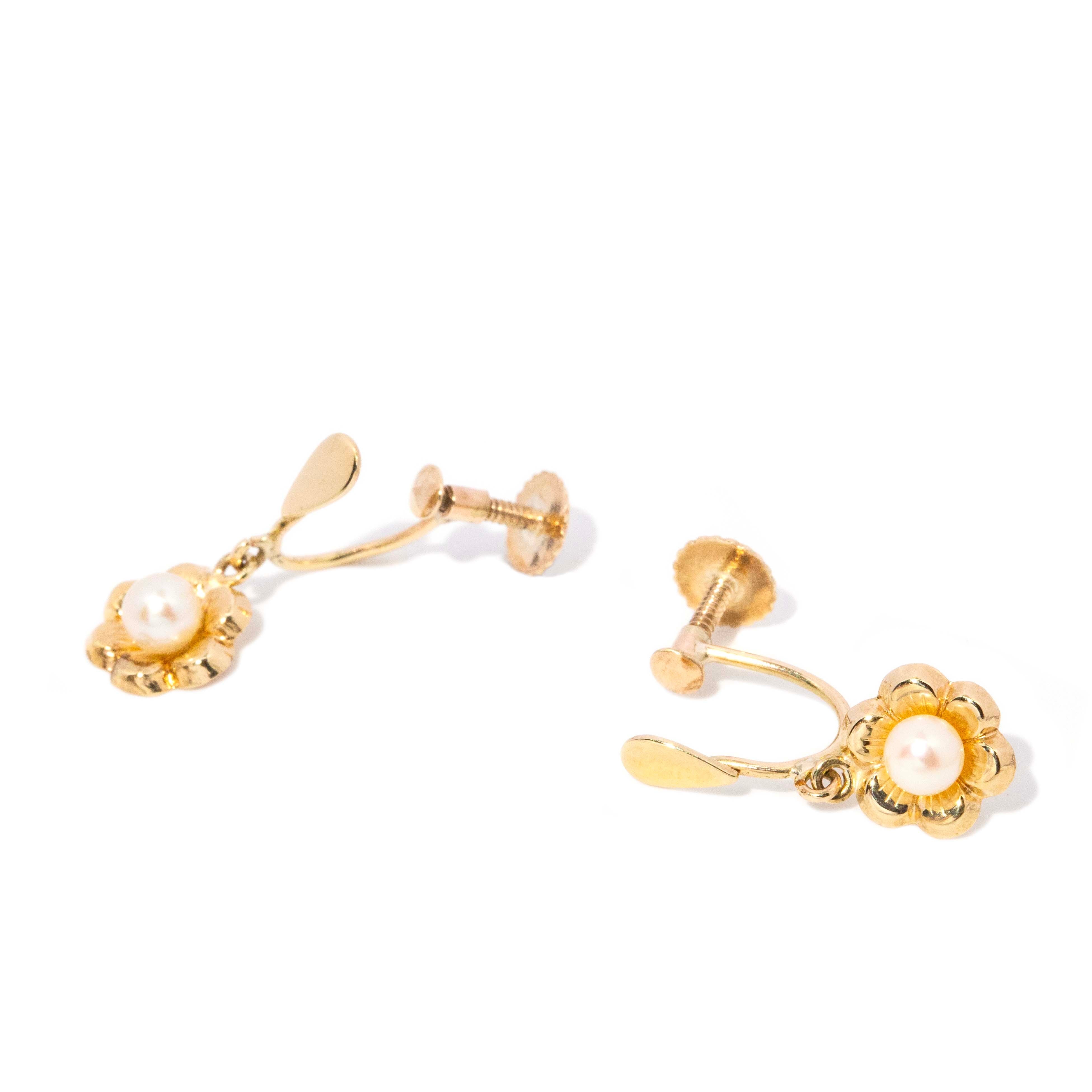 Denna Vintage Circa 1950s Akoya Pearl Openwork Flower Drop Earrings 9ct Yellow Gold Earrings Imperial Jewellery 