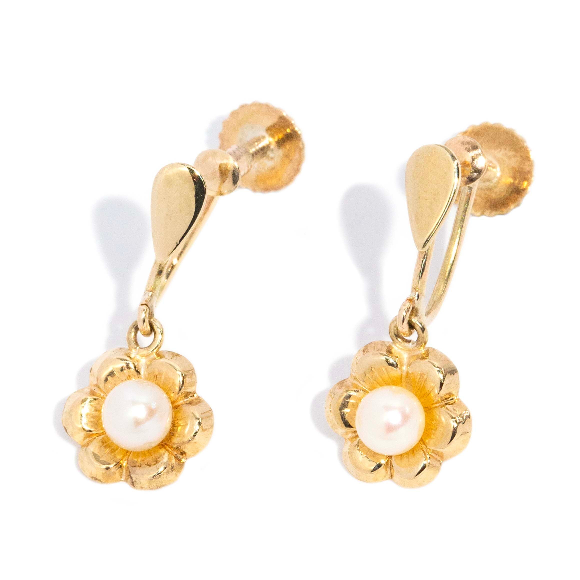 Denna Vintage Circa 1950s Akoya Pearl Openwork Flower Drop Earrings 9ct Yellow Gold Earrings Imperial Jewellery 