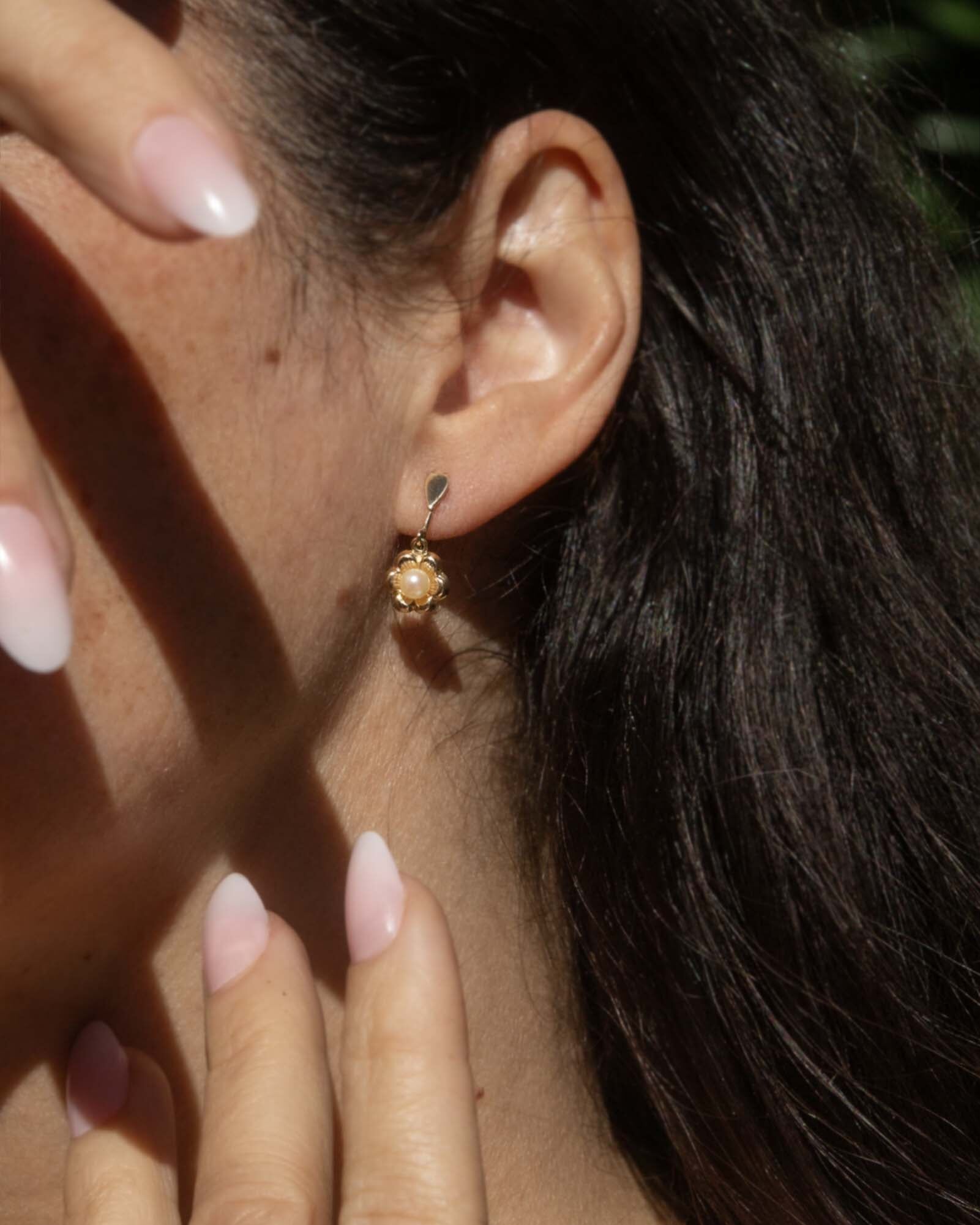 Denna Vintage Circa 1950s Akoya Pearl Openwork Flower Drop Earrings 9ct Yellow Gold Earrings Imperial Jewellery 