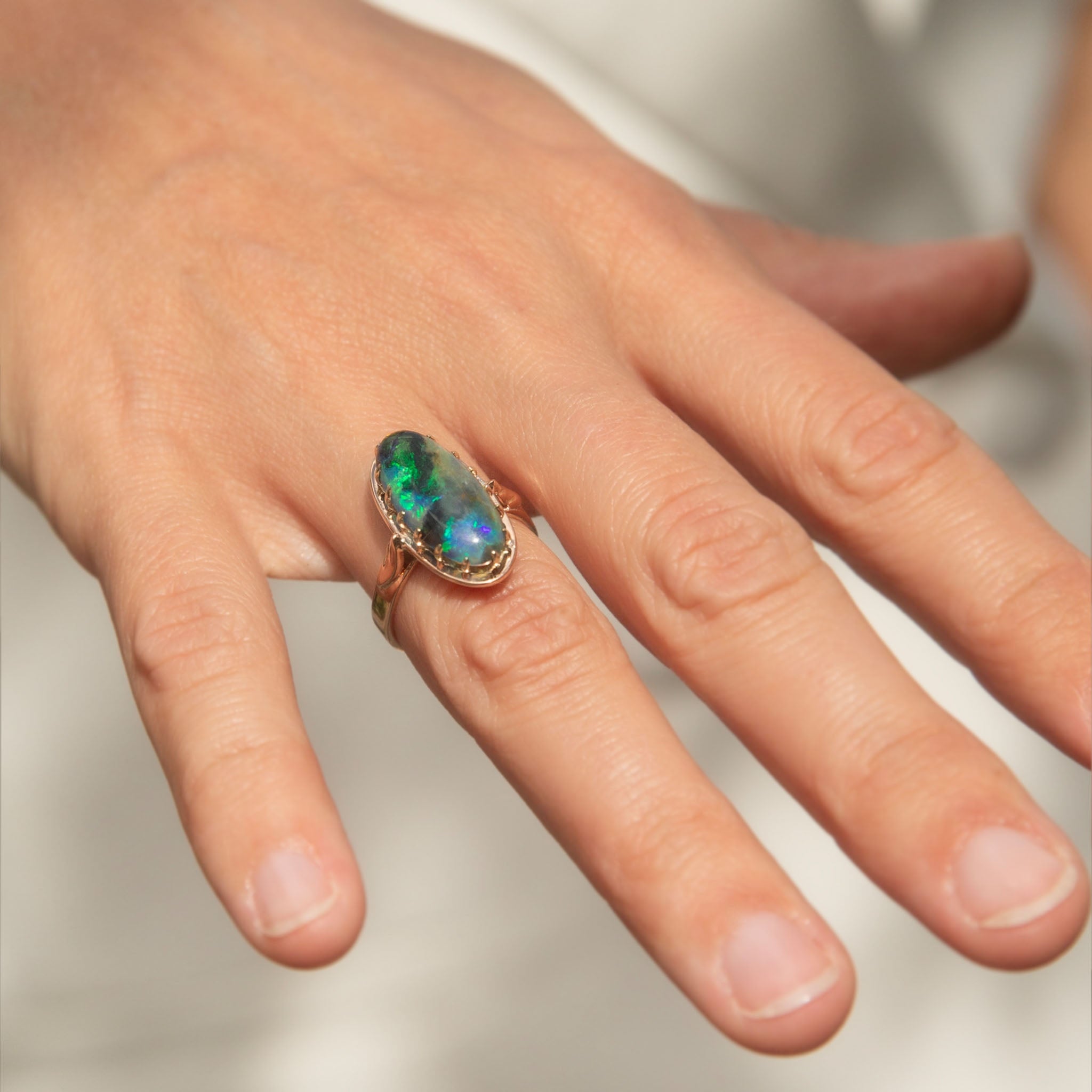 Desiree 1950s Oval Black Opal Cabochon Ring 9K Rose Gold Rings Anthology Jewellers 
