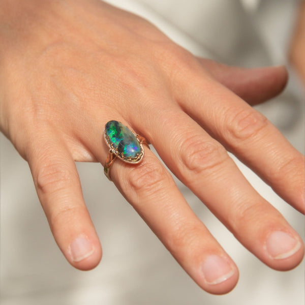 Desiree 1950s Oval Black Opal Cabochon Ring 9K Rose Gold Rings Anthology Jewellers 