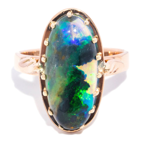 Desiree 1950s Oval Black Opal Cabochon Ring 9K Rose Gold