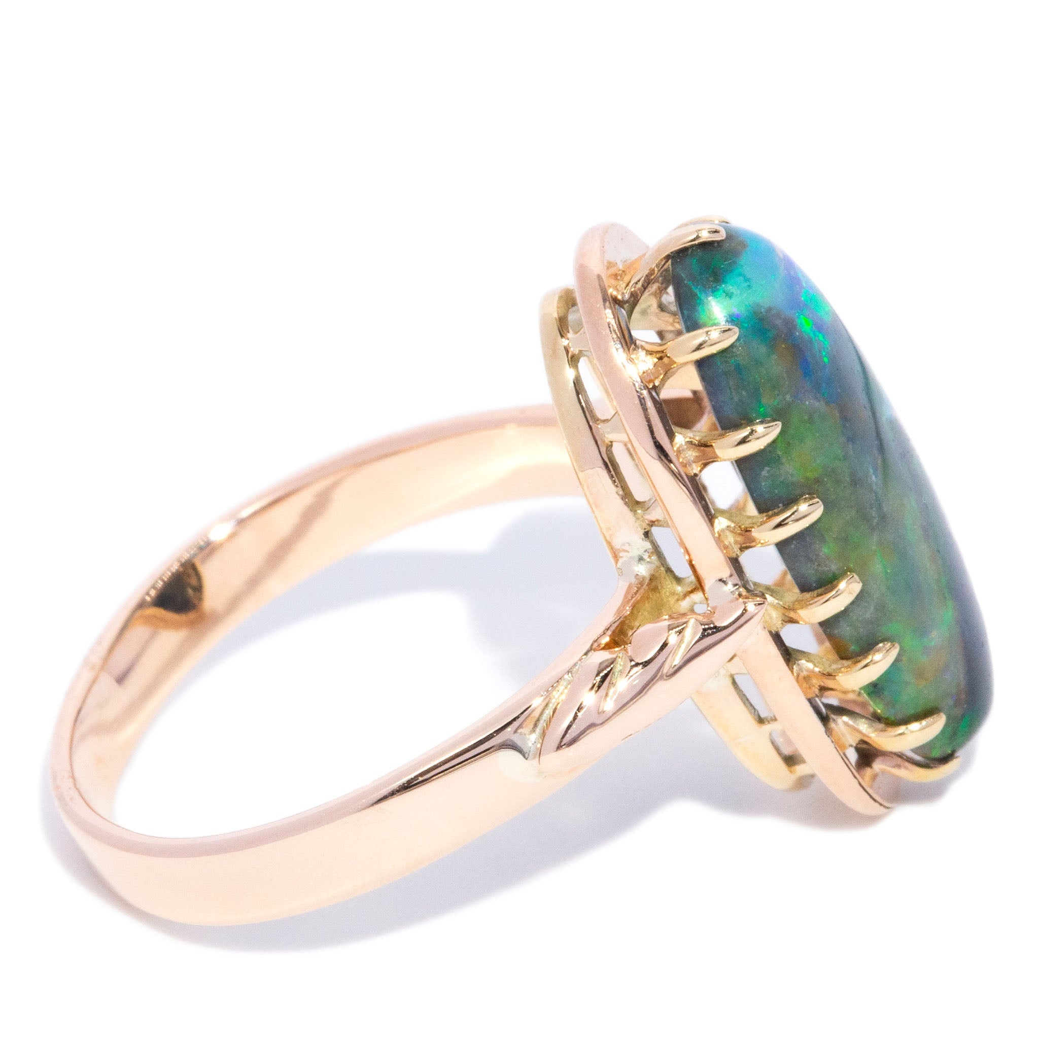 Desiree 1950s Oval Black Opal Cabochon Ring 9K Rose Gold Rings Anthology Jewellers 