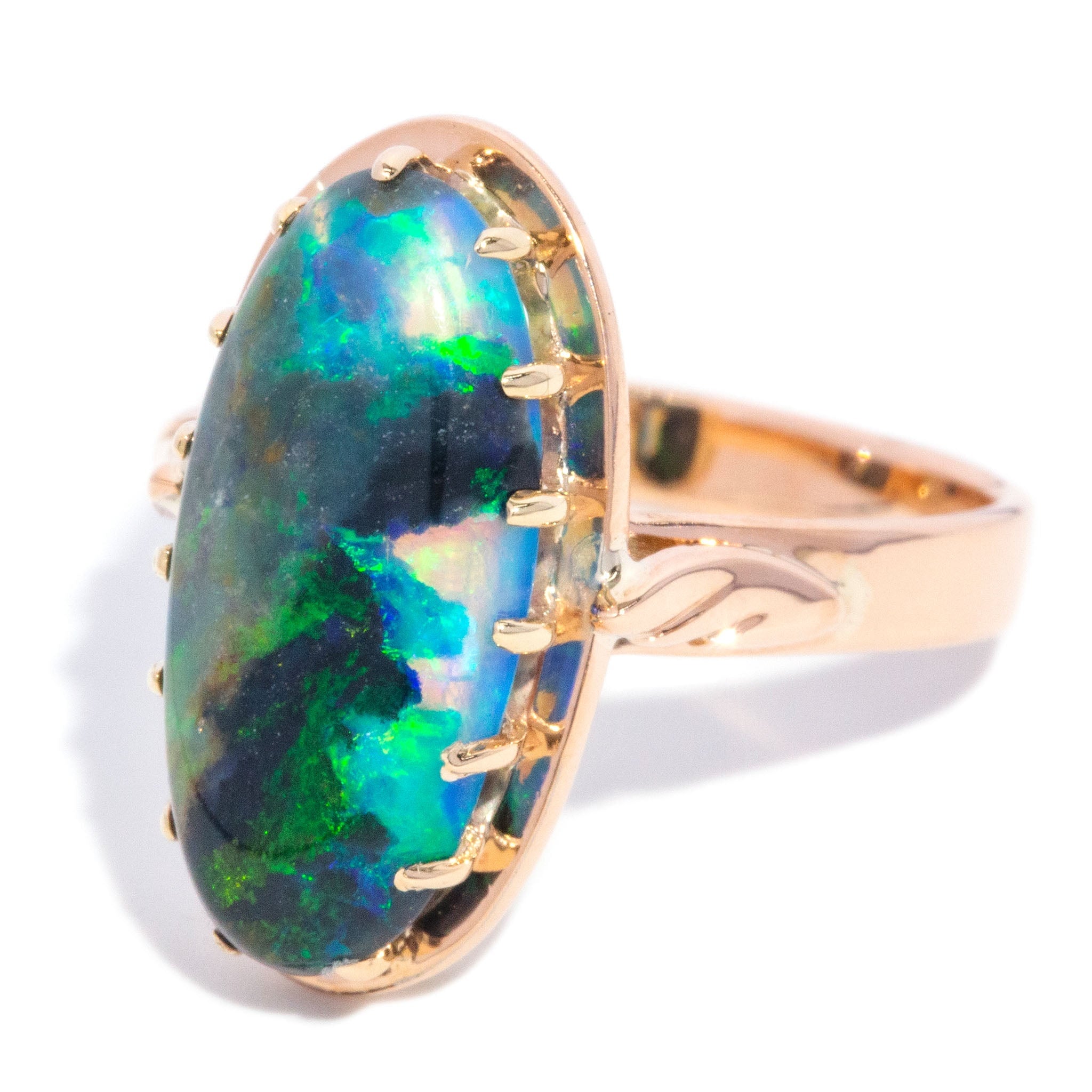 Desiree 1950s Oval Black Opal Cabochon Ring 9K Rose Gold Rings Anthology Jewellers 