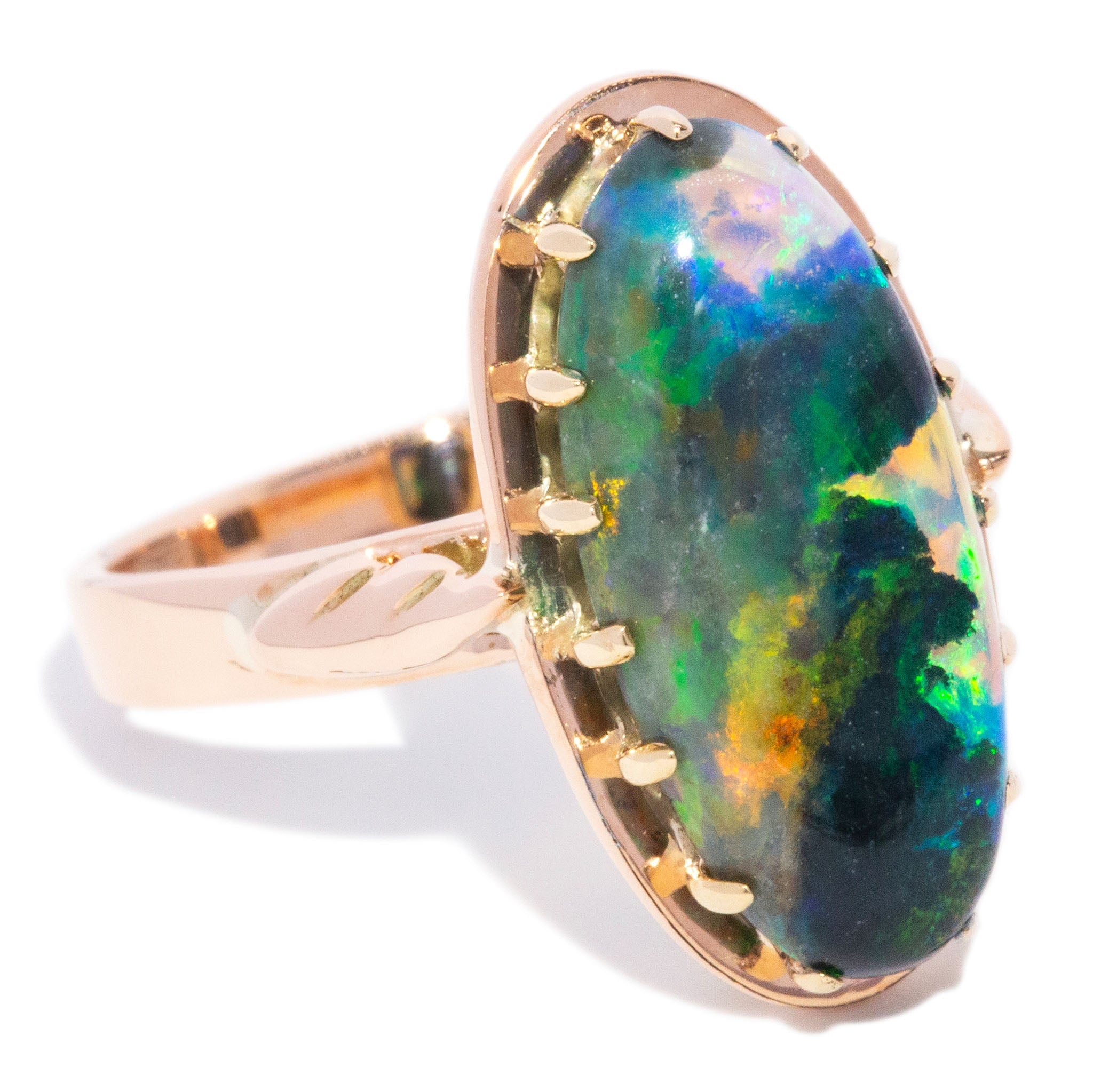 Desiree 1950s Oval Black Opal Cabochon Ring 9K Rose Gold Rings Anthology Jewellers 