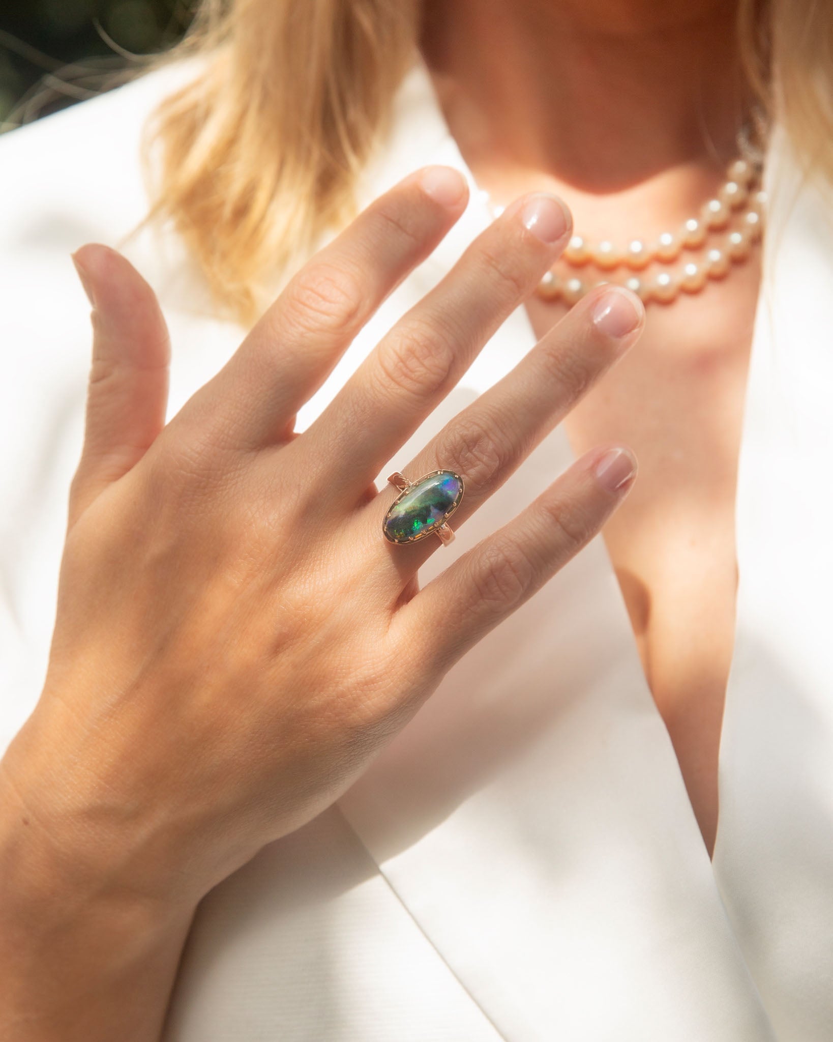 Desiree 1950s Oval Black Opal Cabochon Ring 9K Rose Gold Rings Anthology Jewellers 