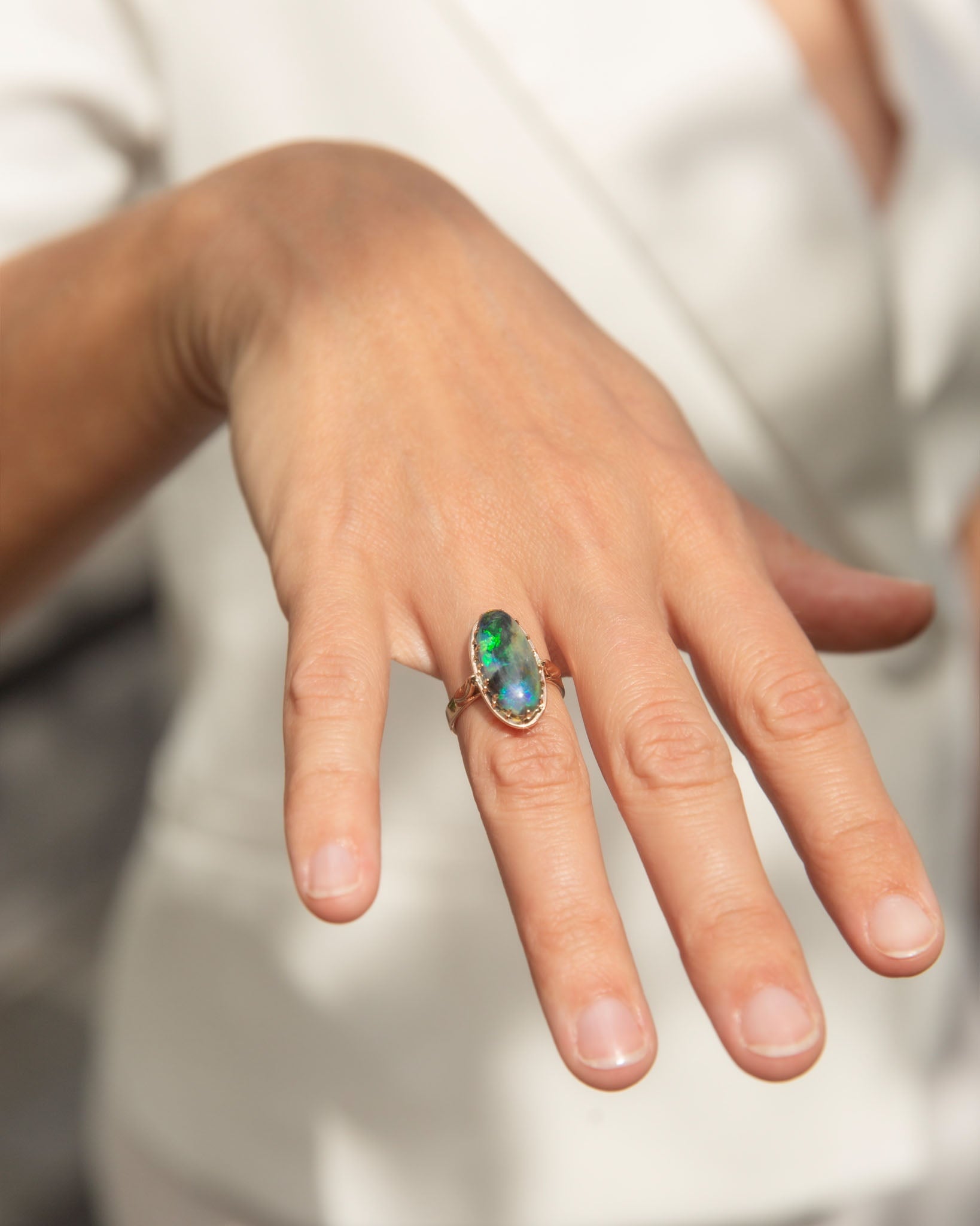 Desiree 1950s Oval Black Opal Cabochon Ring 9K Rose Gold Rings Anthology Jewellers 