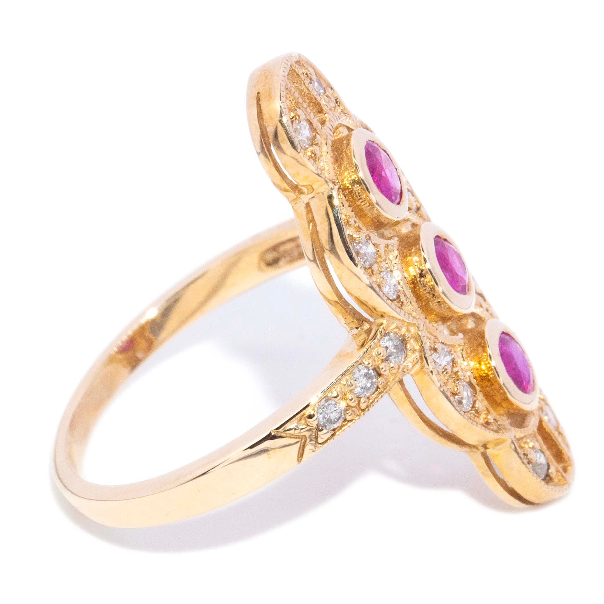 Diana Ruby & Diamond Art Deco Inspired Ring 9K Yellow Gold Rings Imperial Jewellery 