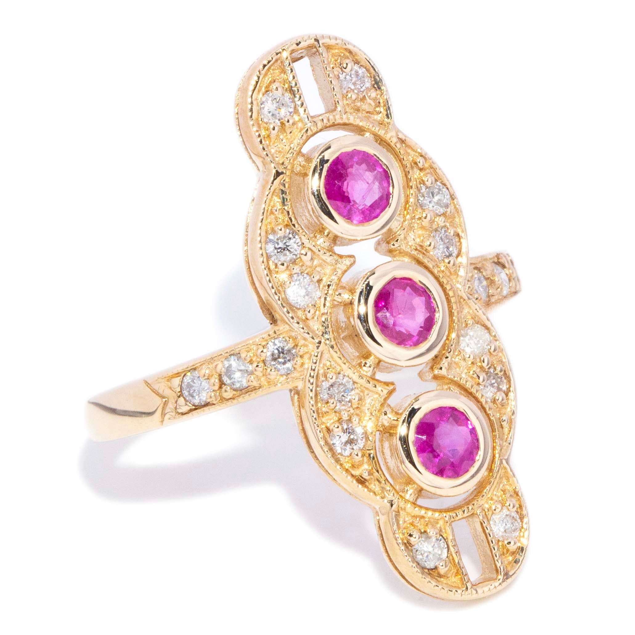 Diana Ruby & Diamond Art Deco Inspired Ring 9K Yellow Gold Rings Imperial Jewellery 