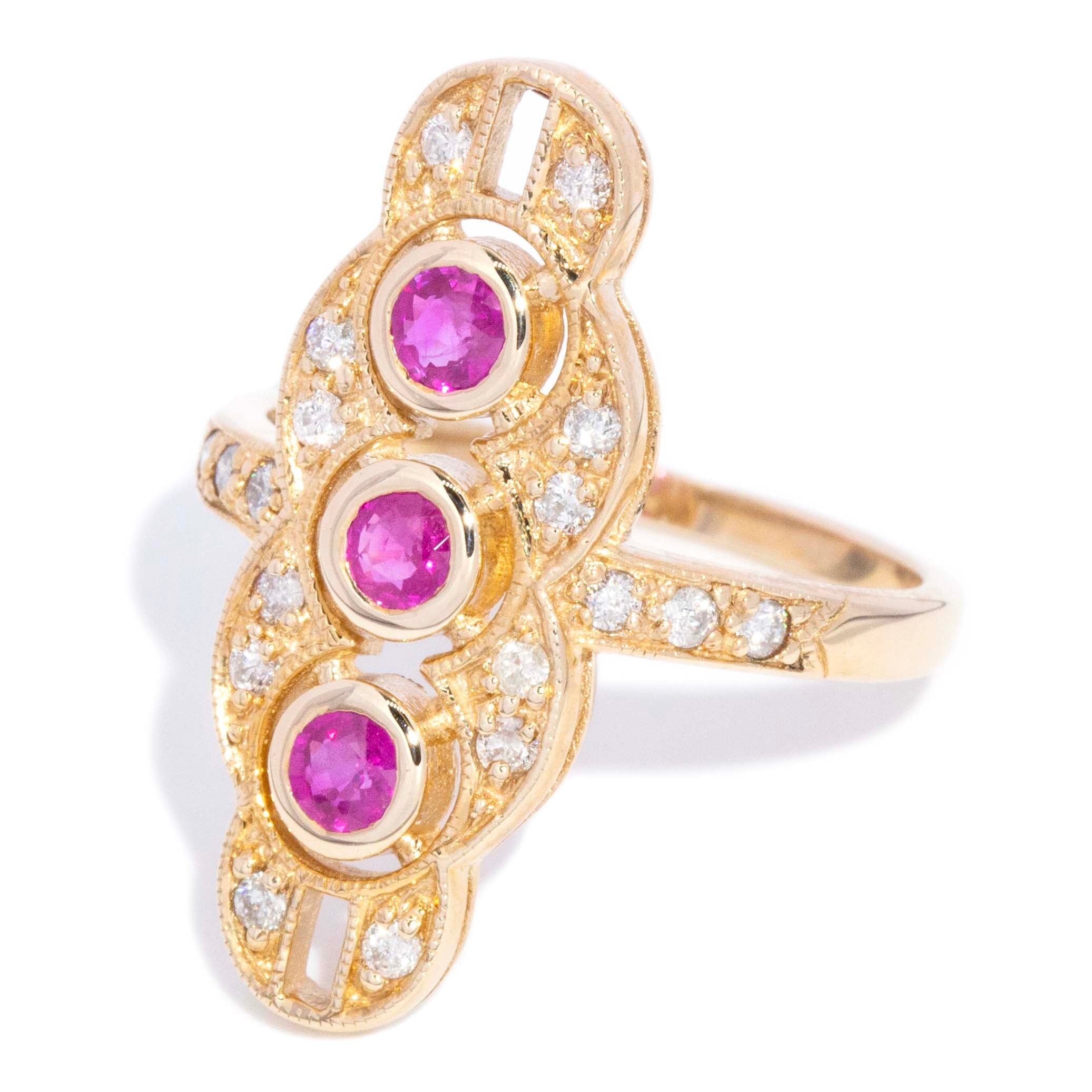 Diana Ruby & Diamond Art Deco Inspired Ring 9K Yellow Gold Rings Imperial Jewellery 