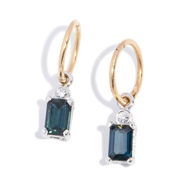 Didi Emerald Cut Sapphire & Diamond Drop Earrings 9K Two Tone Gold Earrings Anthology Jewellers 