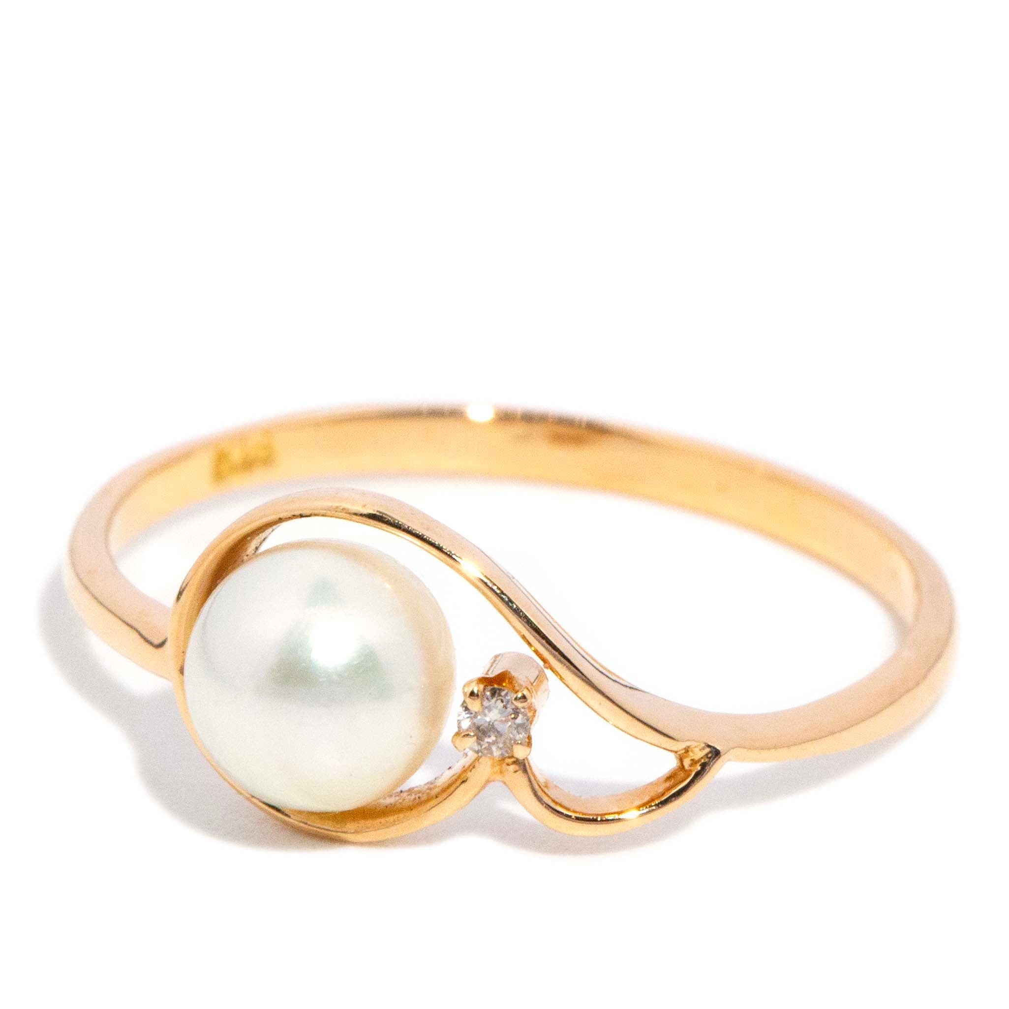Dinah Vintage Circa 1990s Pearl & Diamond Openwork Ring 18ct Yellow Gold Rings Imperial Jewellery 