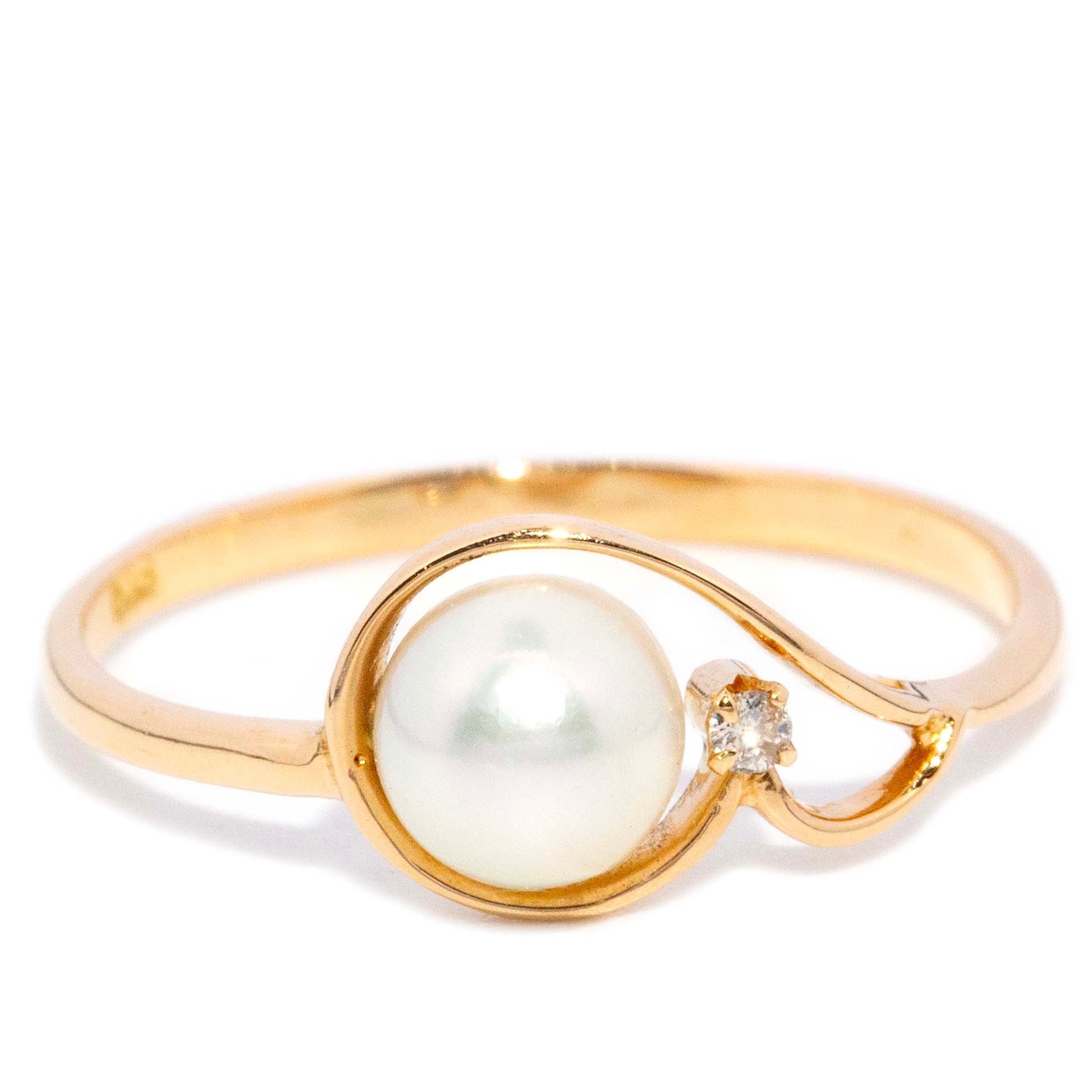 Dinah Vintage Circa 1990s Pearl & Diamond Openwork Ring 18ct Yellow Gold Rings Imperial Jewellery 