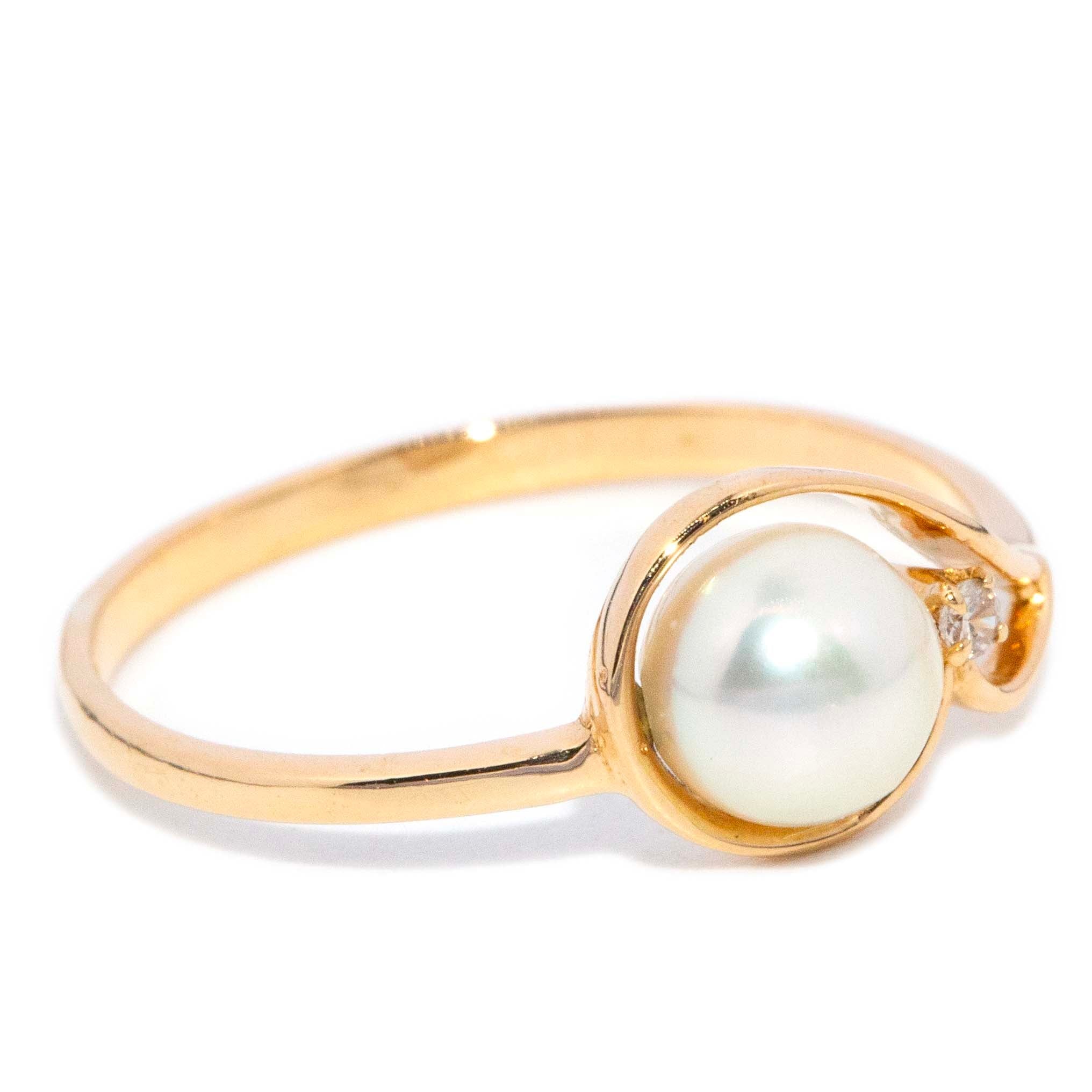 Dinah Vintage Circa 1990s Pearl & Diamond Openwork Ring 18ct Yellow Gold Rings Imperial Jewellery 