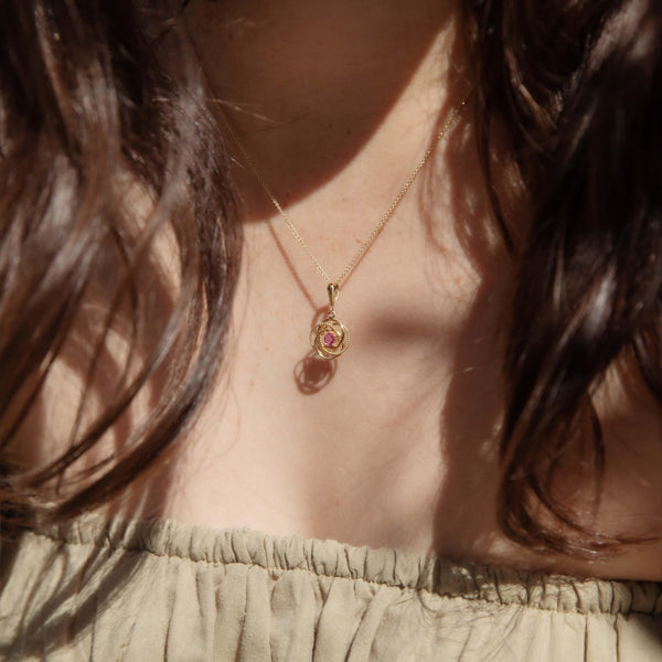 Vintage Circa 1970s Pink Sapphire Flower Pendant 14 Carat Gold