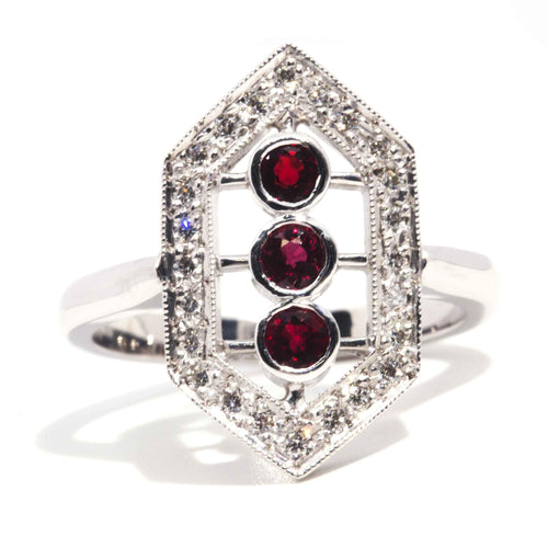 Elora 1970s Ruby Diamond Art Deco Style Ring 18K White Gold