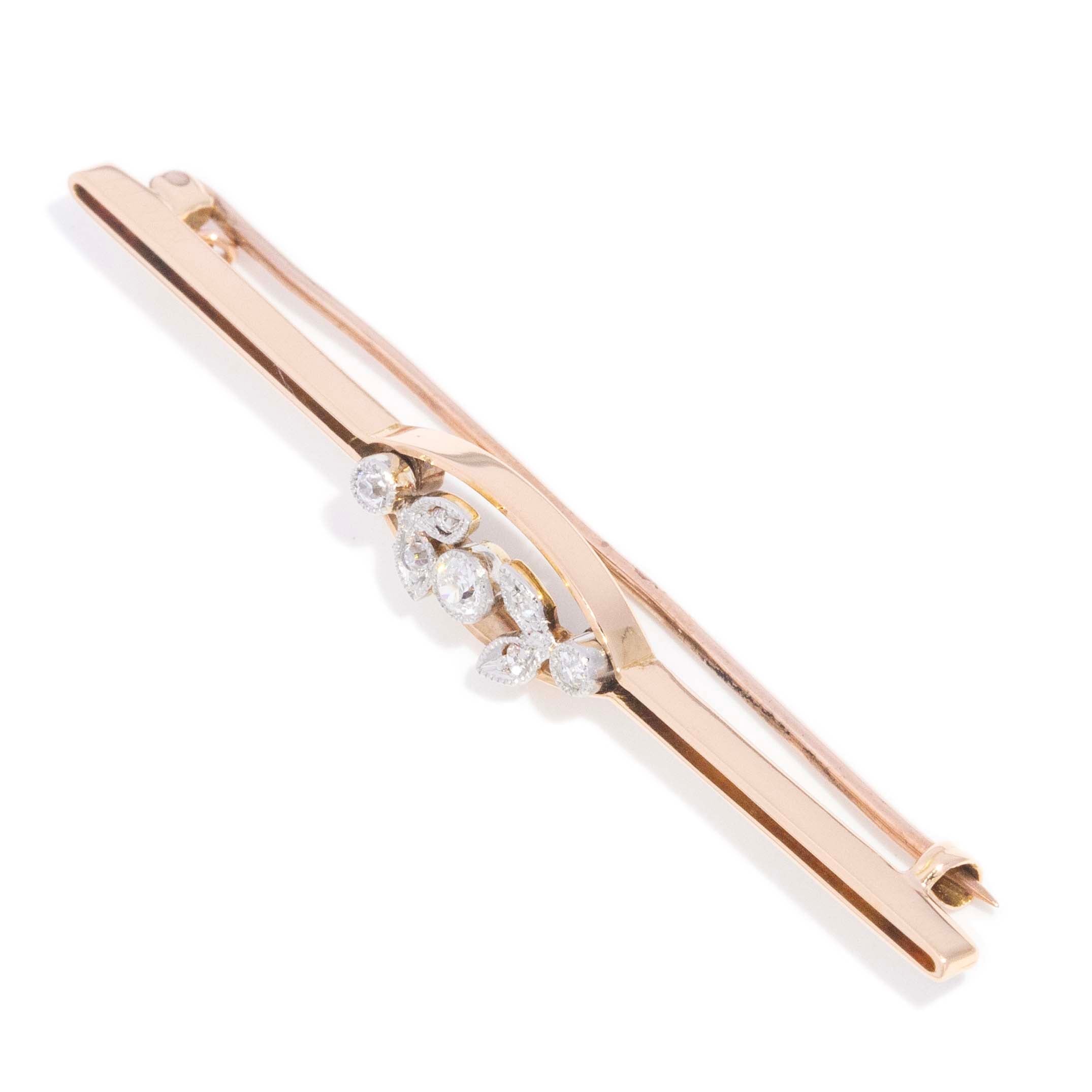 Eluna Art Deco Old Cut Diamond Navete Panel Milgrain Leaf Brooch 15ct Rose Gold Brooches Imperial Jewellery 