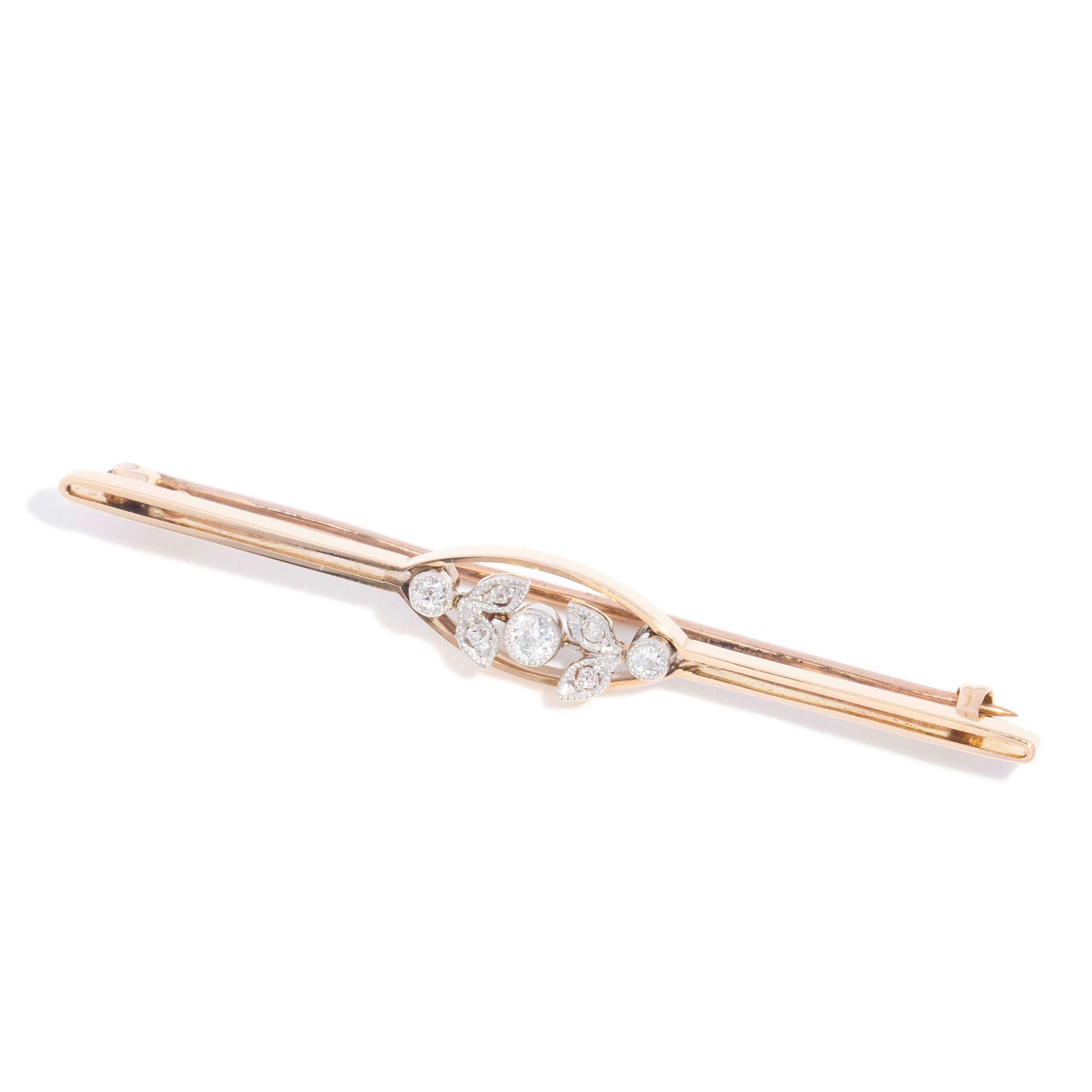 Eluna Art Deco Old Cut Diamond Navete Panel Milgrain Leaf Brooch 15ct Rose Gold Brooches Imperial Jewellery 