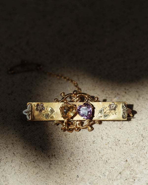 Antique Circa 1900s Amethyst & Citrine Nature Brooch 9 Carat Yellow Gold