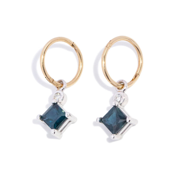 Enya Princess Cut Sapphire & Diamond Drop Earrings 9K Two Tone Gold Earrings Anthology Jewellers 