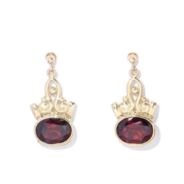 Vintage Circa 1990s Garnet Filigree Earrings 9 Carat Yellow Gold