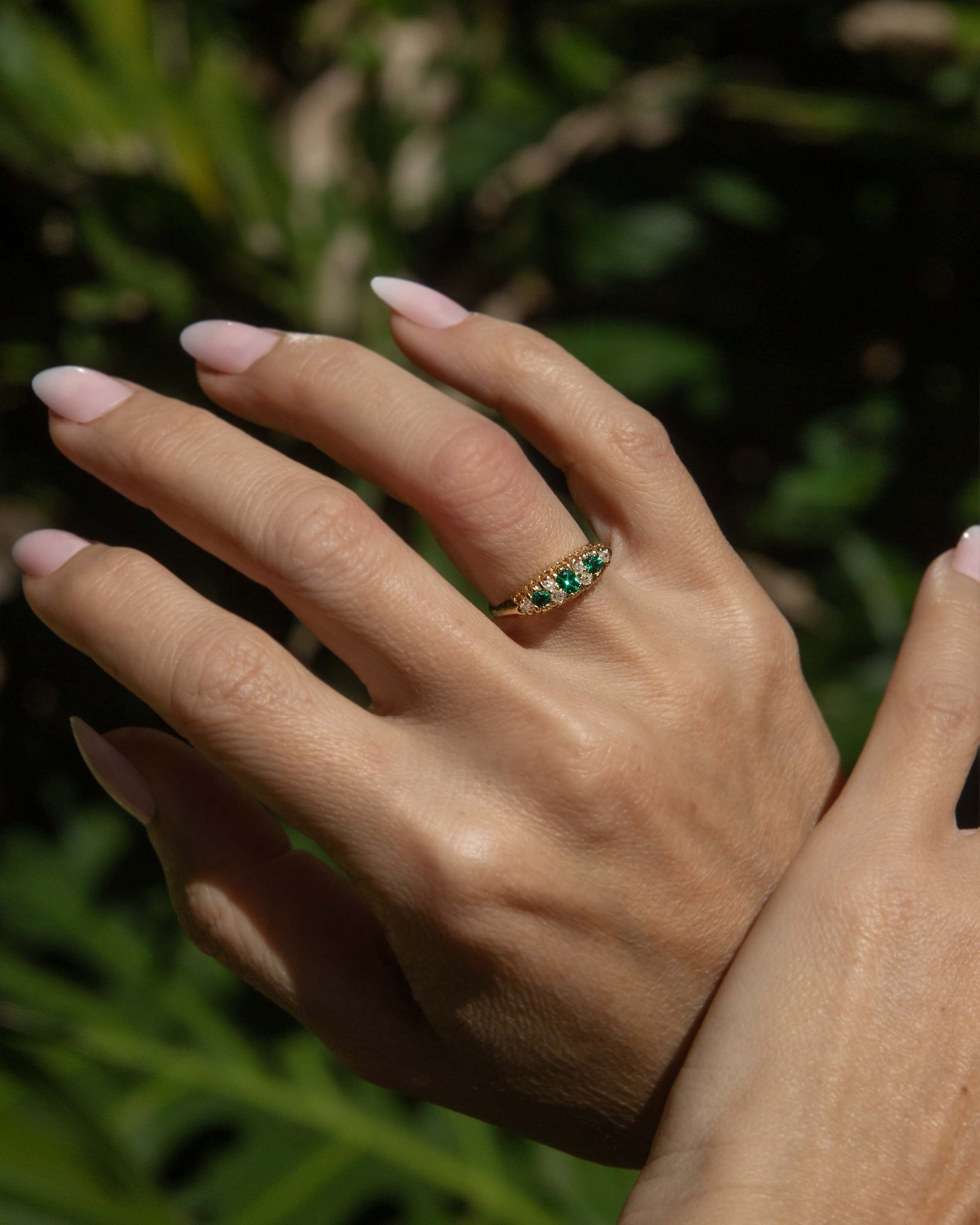 Ester Emerald & Diamond London Bridge 18K Yellow Gold Rings Imperial Jewellery 