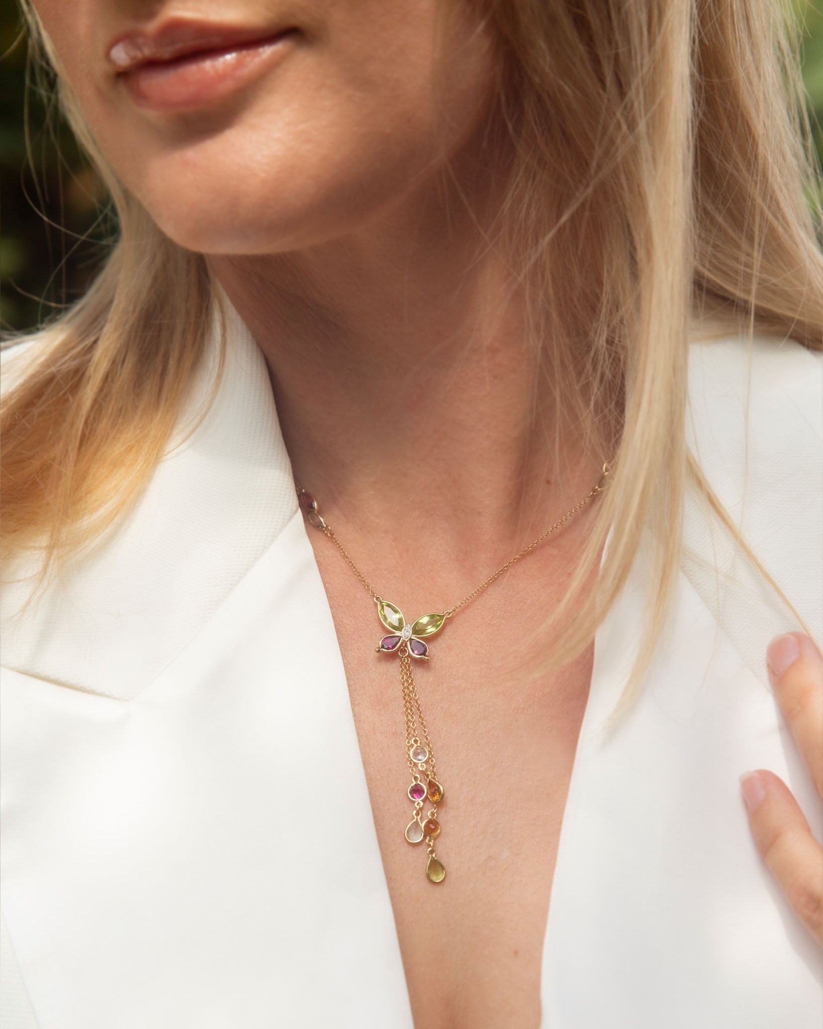 Felicia Rhodolite Peridot Butterfly Necklet 18K Yellow Gold Pendants/Necklaces Anthology Jewellers 