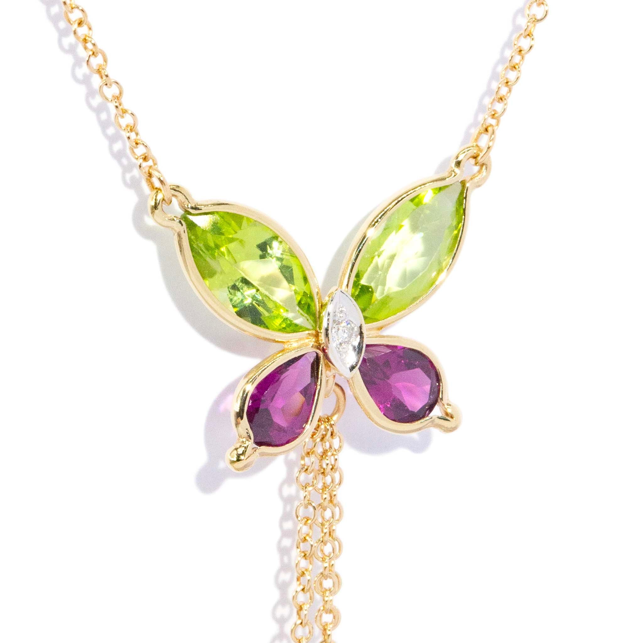 Felicia Rhodolite Peridot Butterfly Necklet 18K Yellow Gold Pendants/Necklaces Anthology Jewellers 
