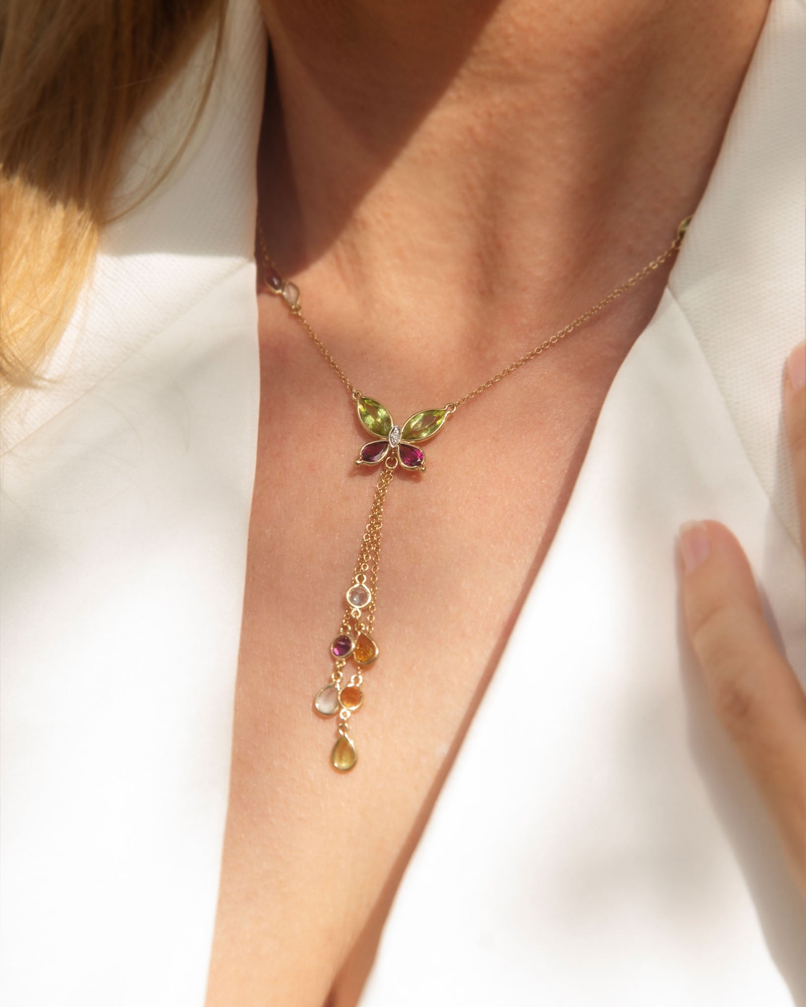 Felicia Rhodolite Peridot Butterfly Necklet 18K Yellow Gold Pendants/Necklaces Anthology Jewellers 