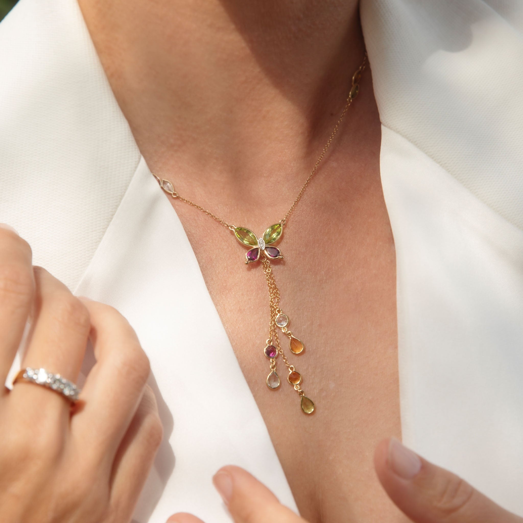 Felicia Rhodolite Peridot Butterfly Necklet 18K Yellow Gold Pendants/Necklaces Anthology Jewellers 
