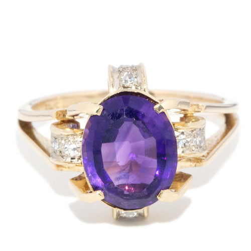 Fenella 1970s Amethyst & Diamond Ring 14K Yellow Gold