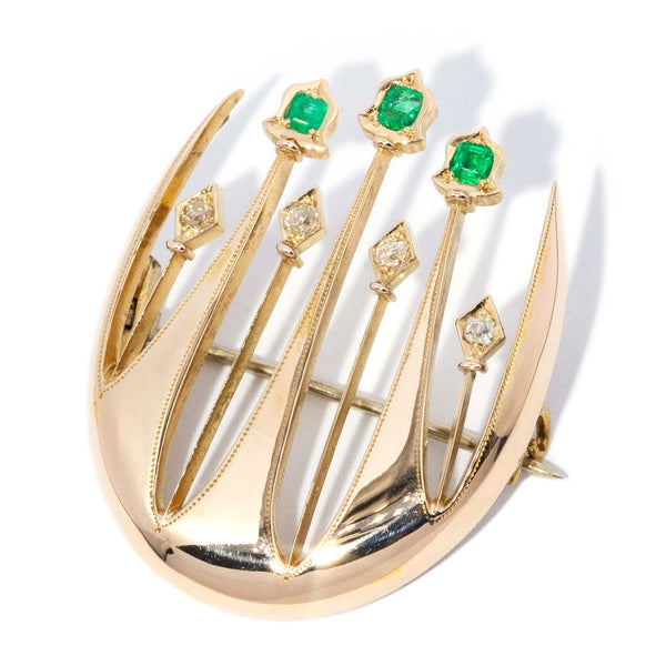 Fernie Art Deco Handmade Emerald Diamond Brooch 15ct Gold Brooches Imperial Jewellery 
