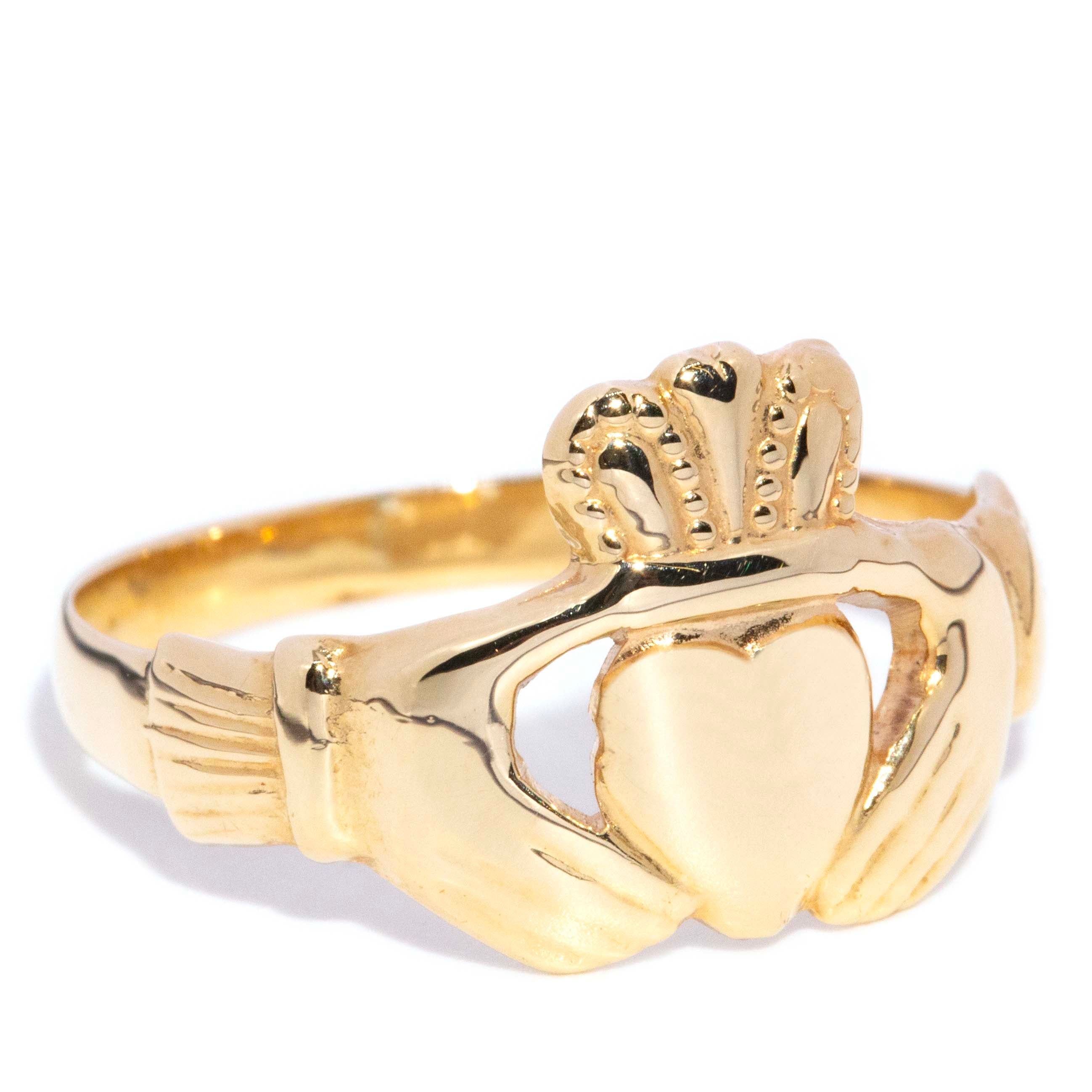 Finnley Vintage Circa 1980s Symbolic Claddagh Relationship Ring 9ct Yellow Gold Rings Imperial Jewellery 